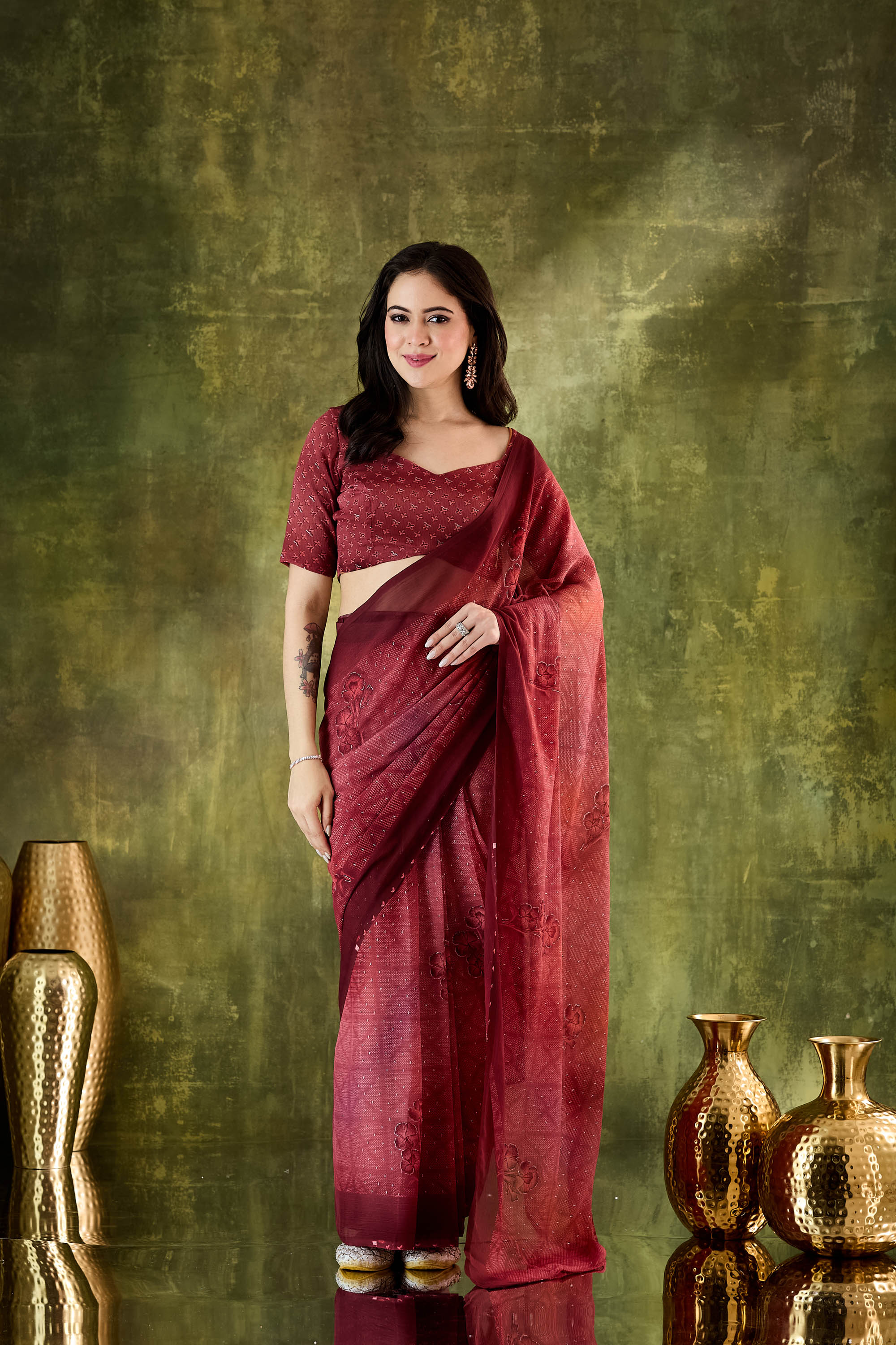 Maroon Color Poly Chiffon Ready To Wear Saree