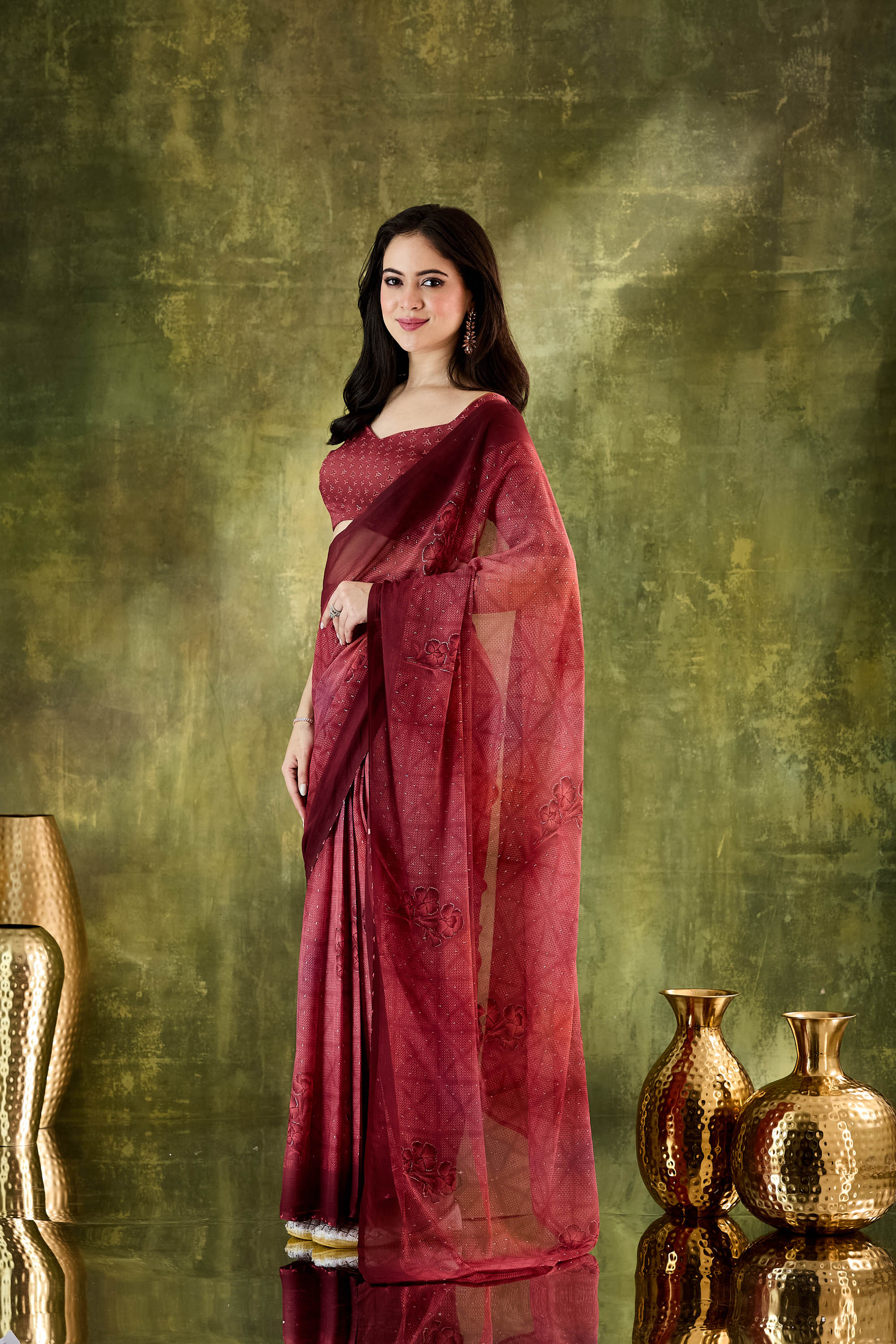 Maroon Color Poly Chiffon Ready To Wear Saree