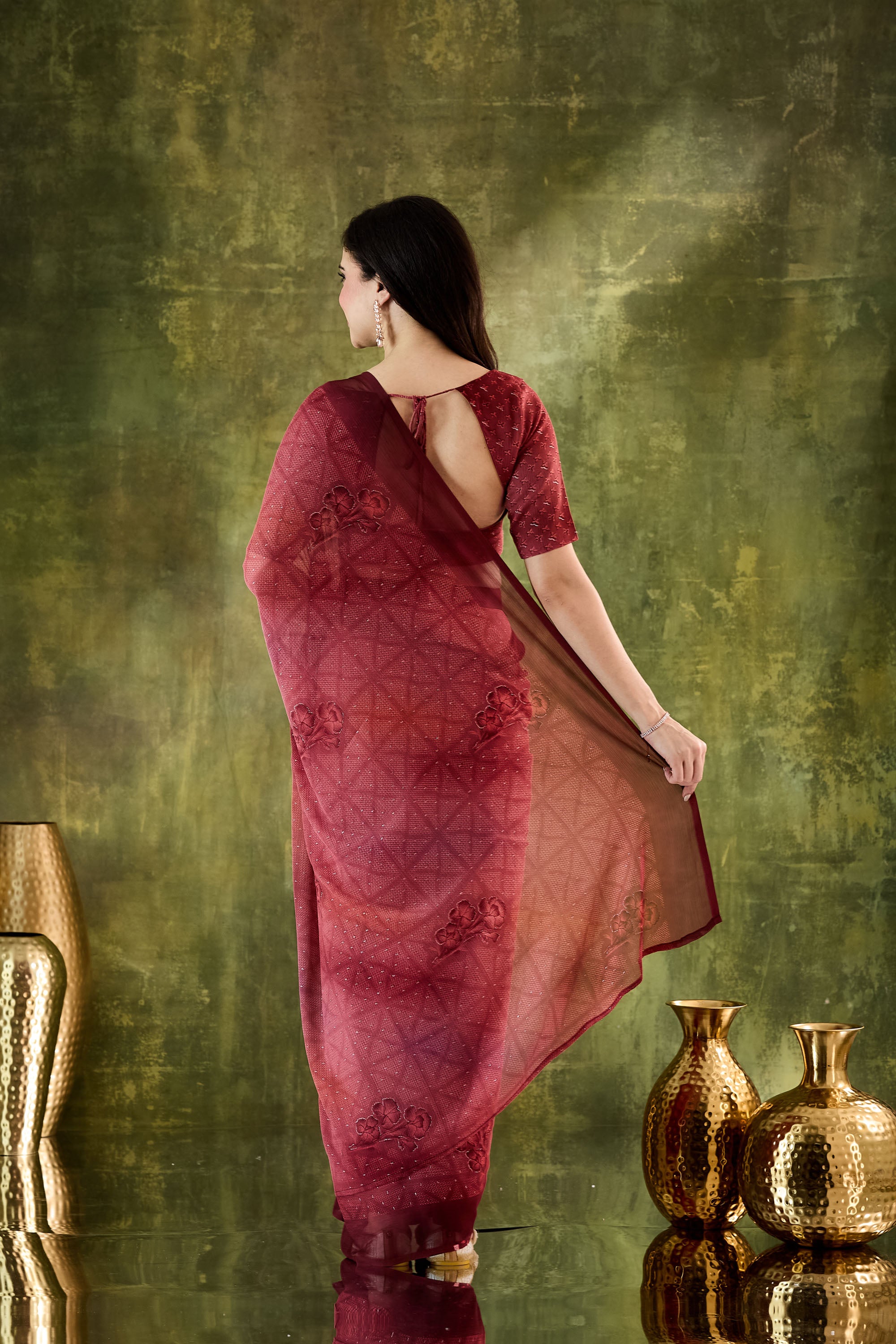 Maroon Color Poly Chiffon Ready To Wear Saree