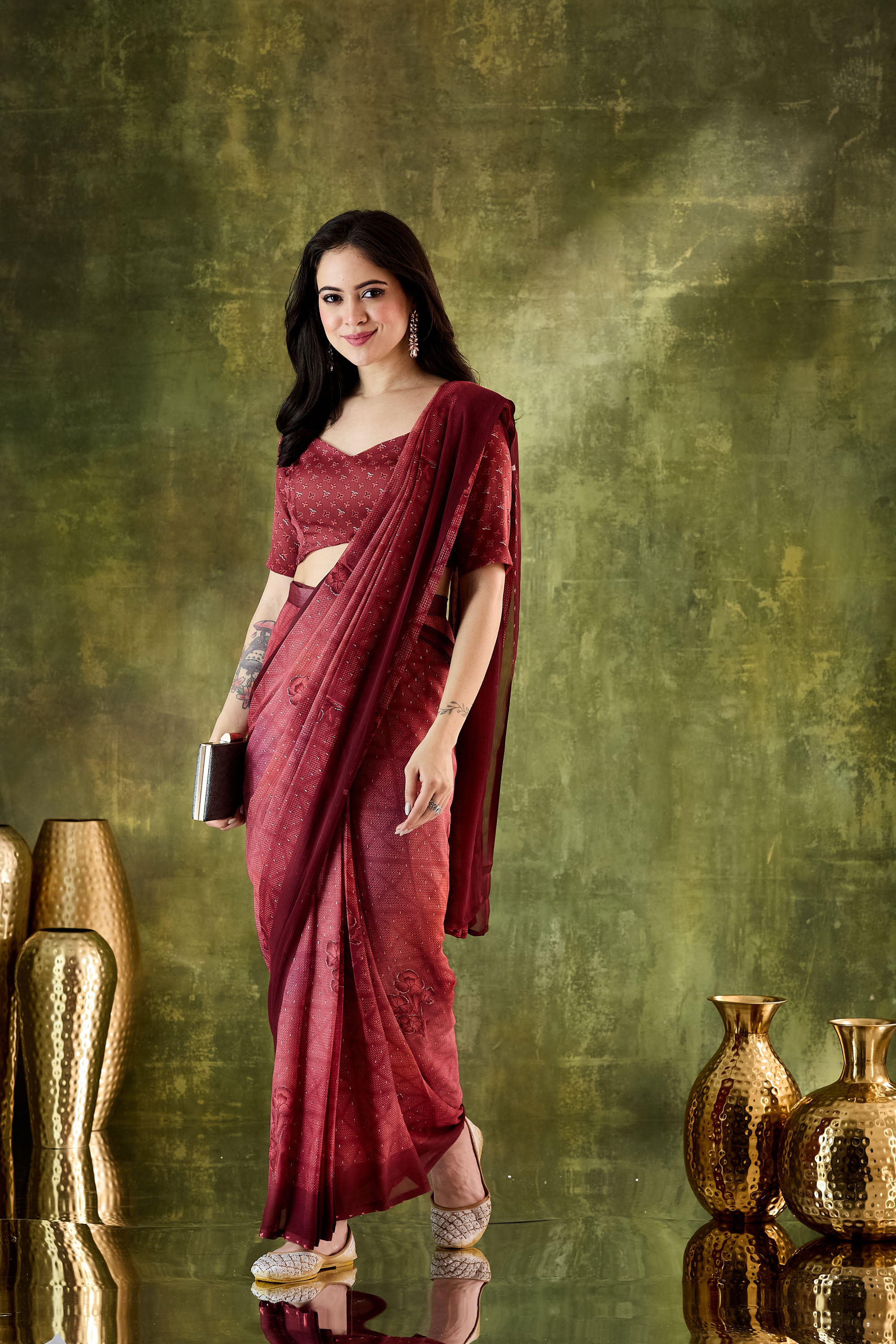 Maroon Color Poly Chiffon Ready To Wear Saree