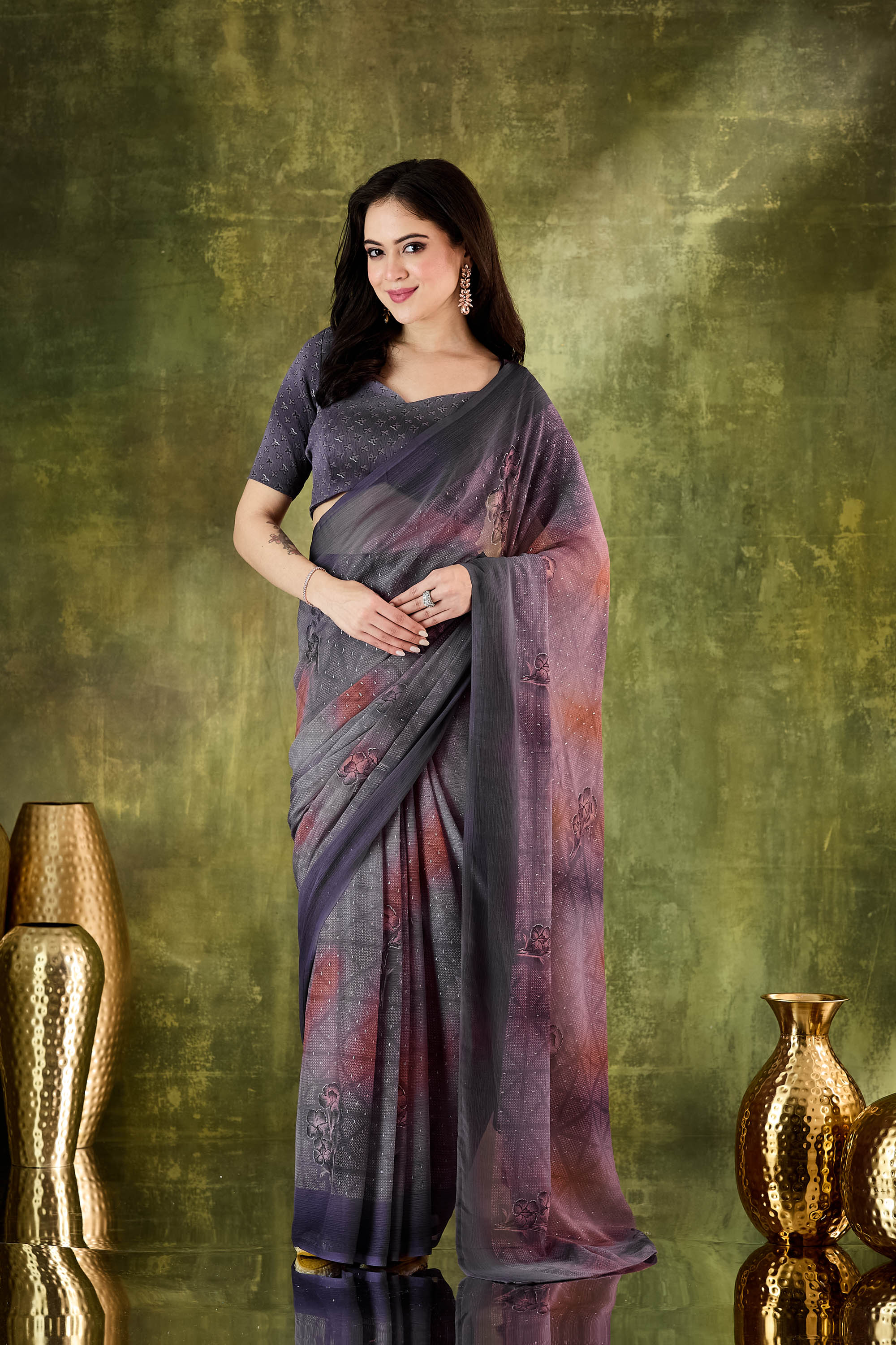 Purple Color Poly Chiffon Ready To Wear Saree