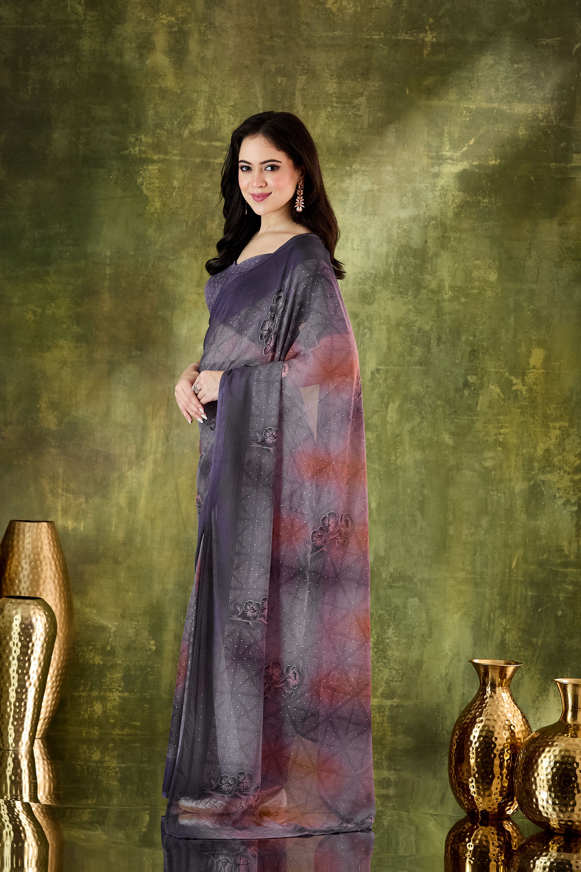 Purple Color Poly Chiffon Ready To Wear Saree