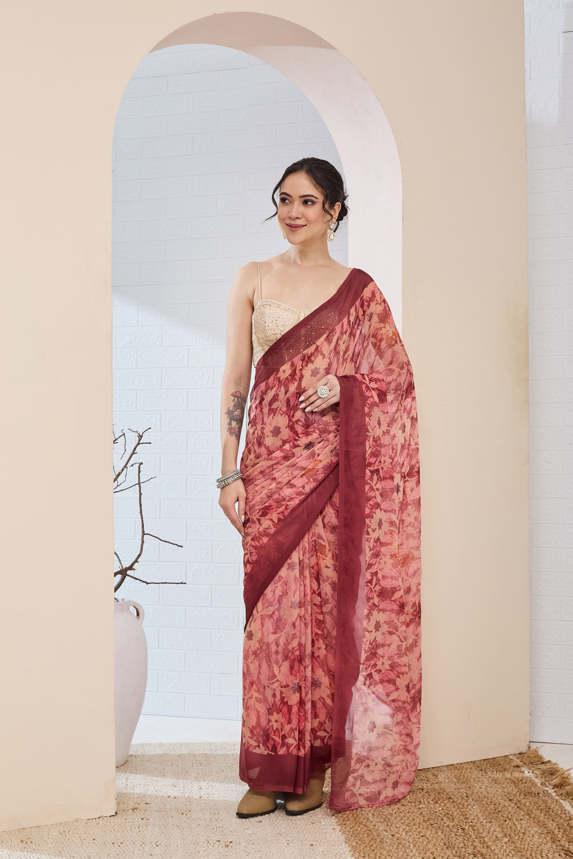 Beautiful Rust Color Poly Chiffon Ready To Wear Saree