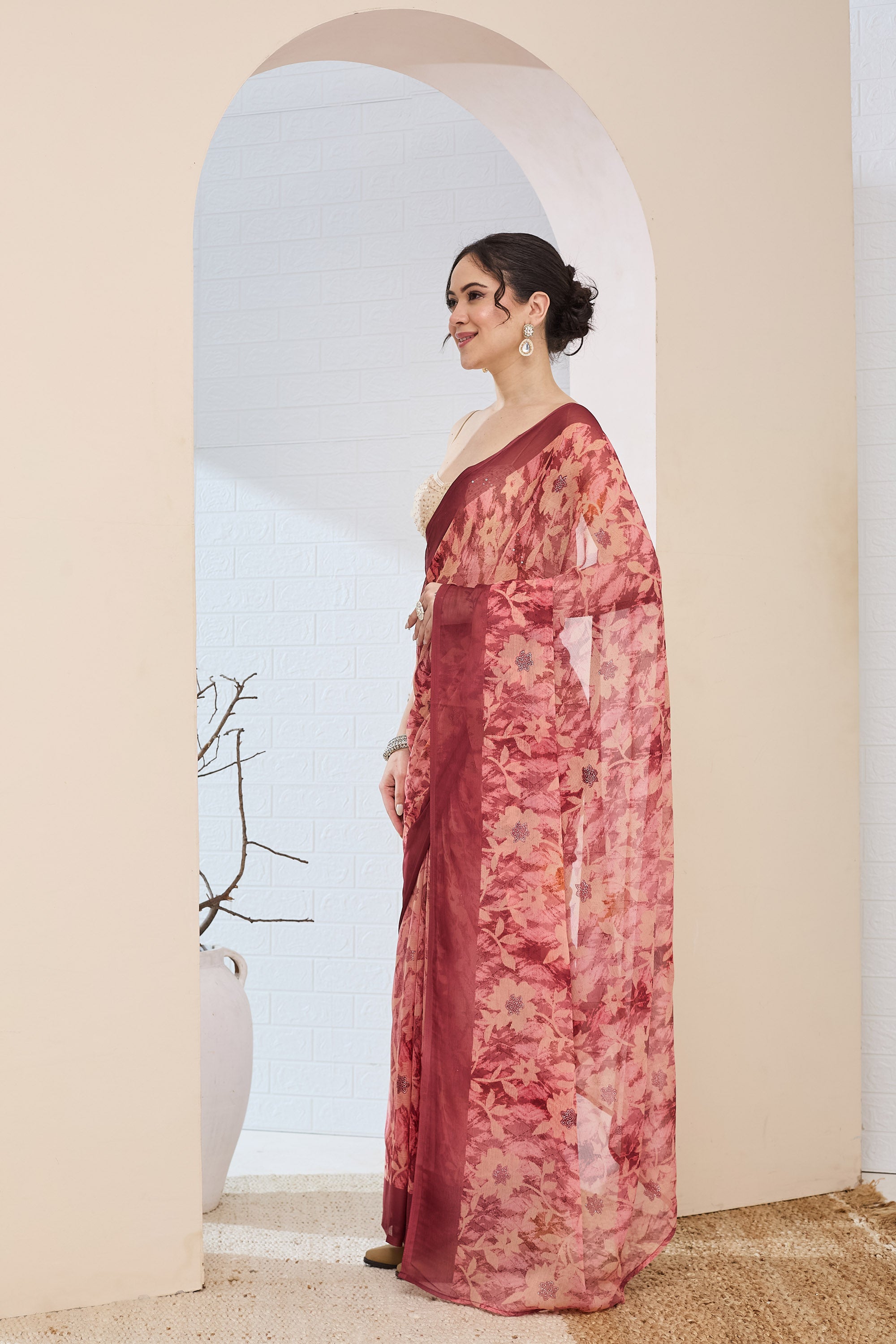 Beautiful Rust Color Poly Chiffon Ready To Wear Saree
