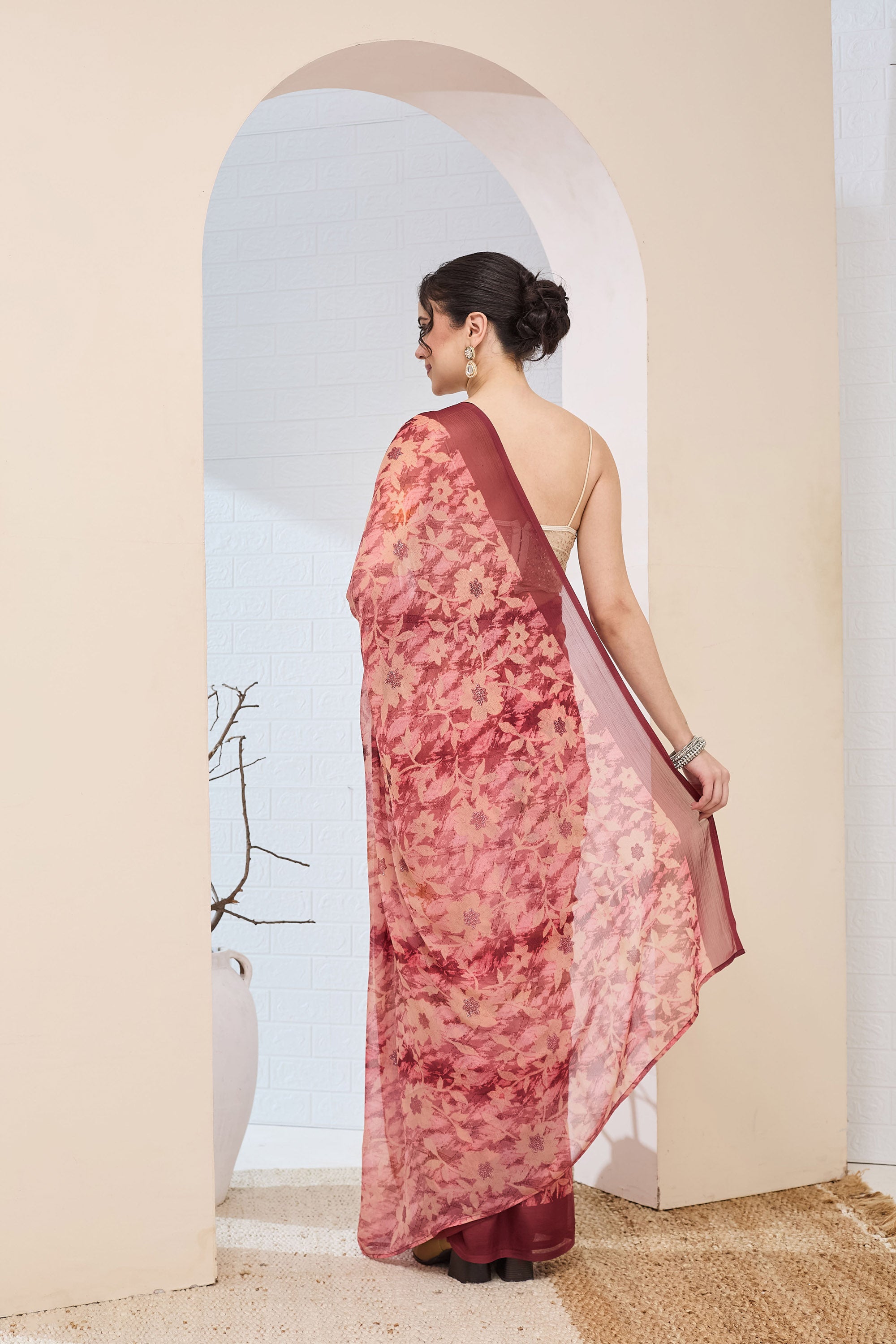 Beautiful Rust Color Poly Chiffon Ready To Wear Saree