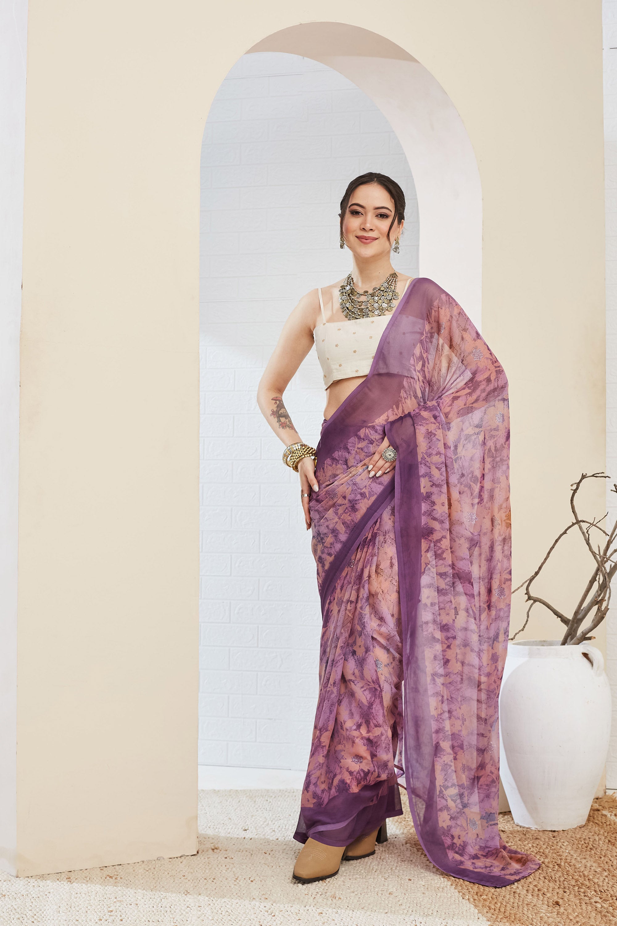 Beautiful Purple Color Poly Chiffon Ready To Wear Saree