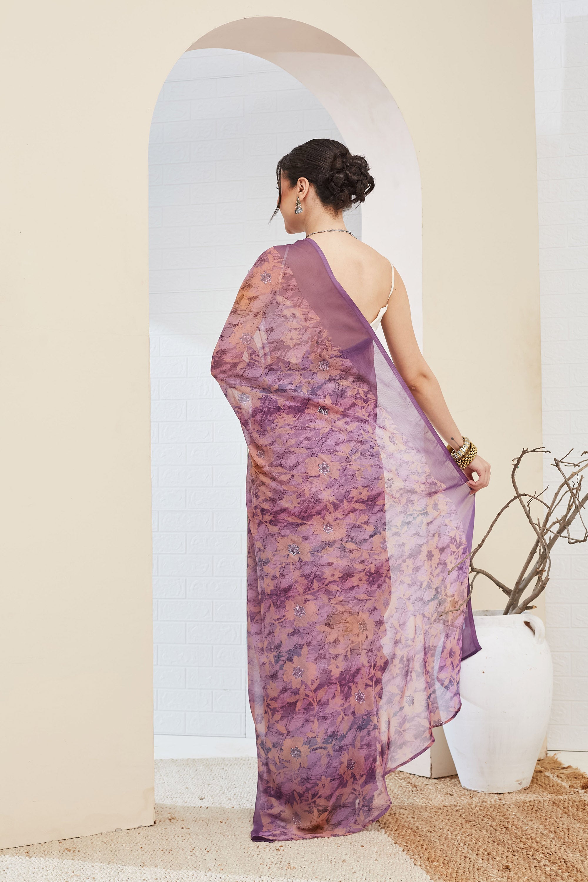 Beautiful Purple Color Poly Chiffon Ready To Wear Saree