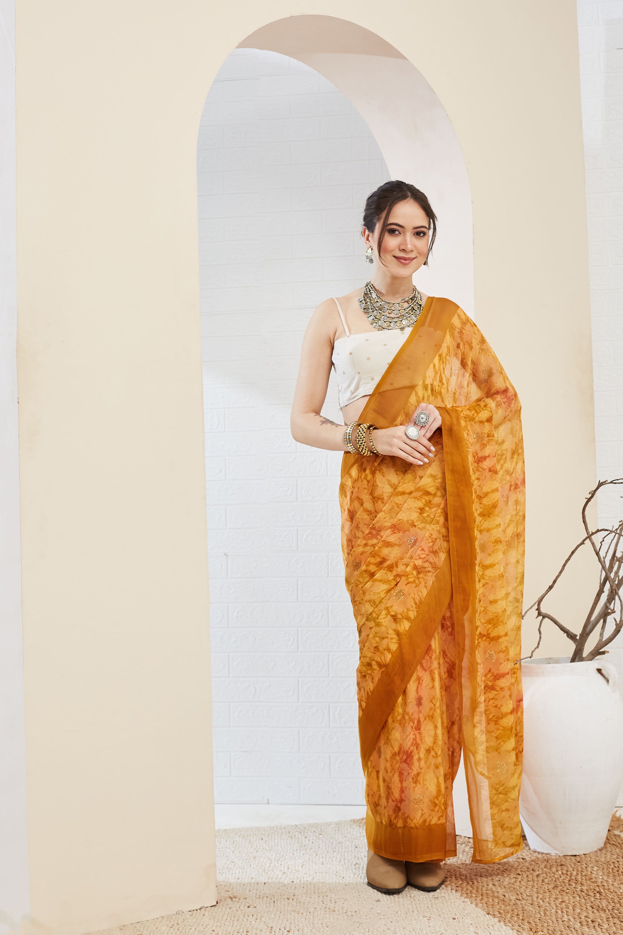 Beautiful Yellow Color Poly Chiffon Ready To Wear Saree