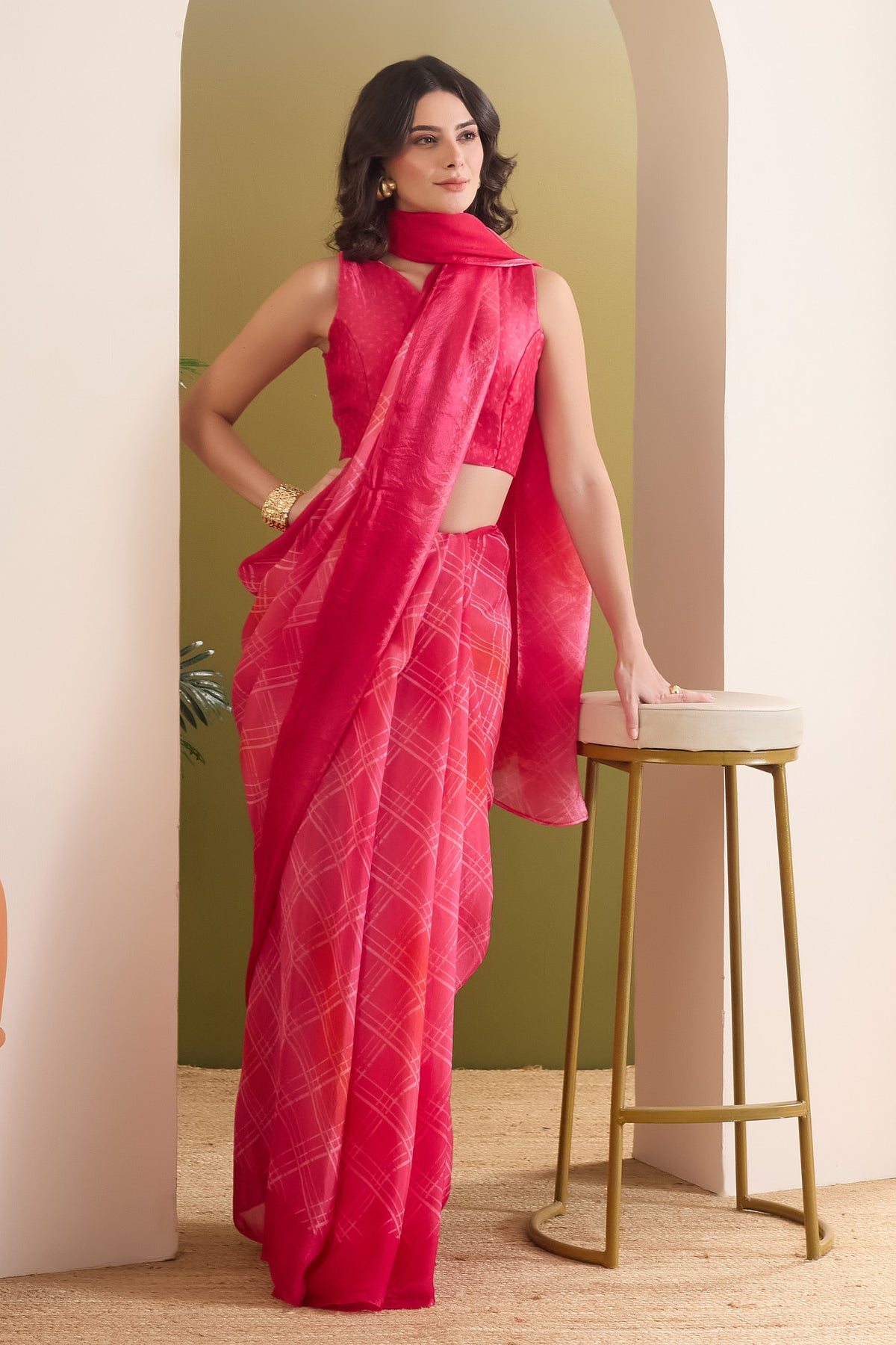 Pink Checked Satin Ready to Wear Saree