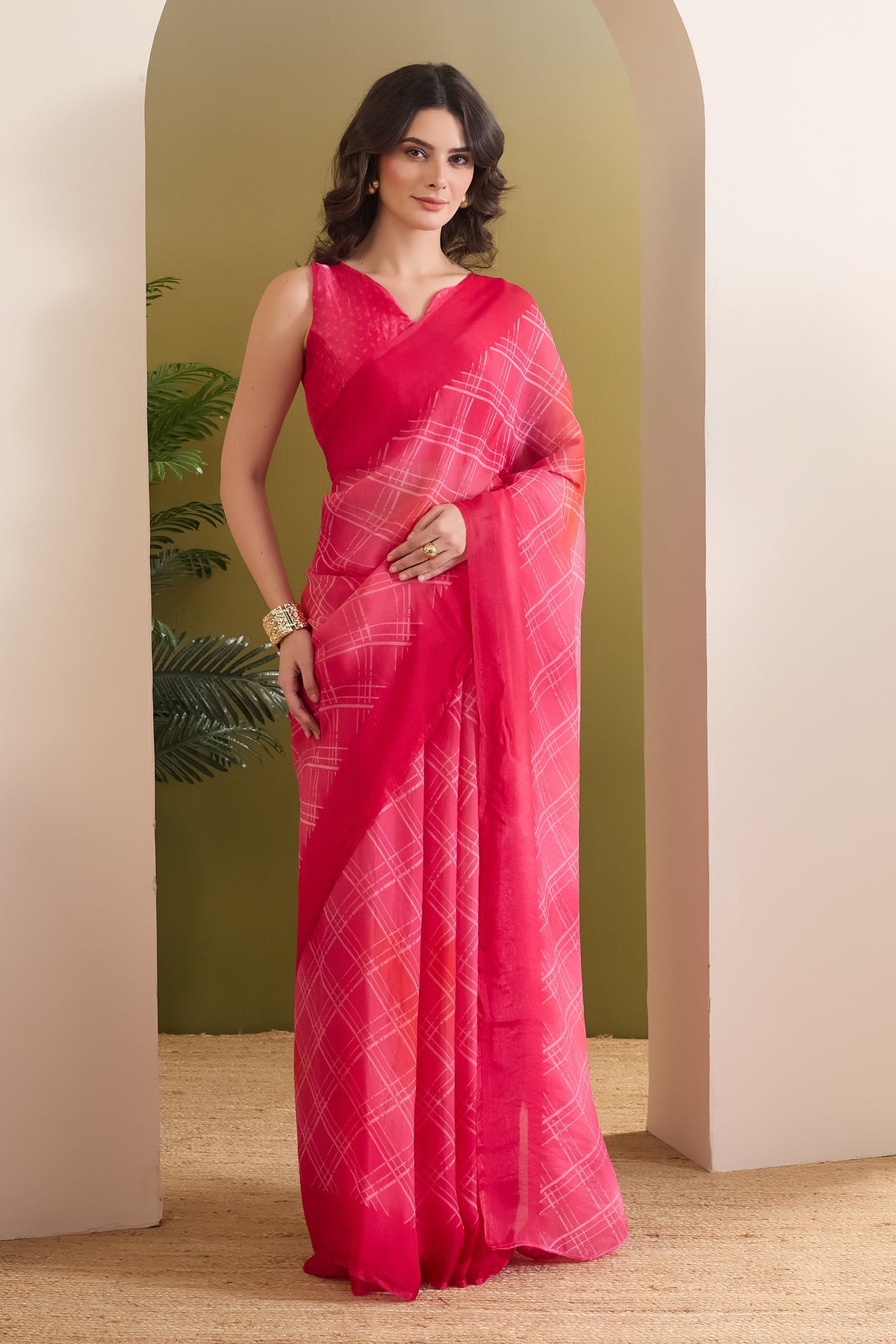 Pink Checked Satin Ready to Wear Saree