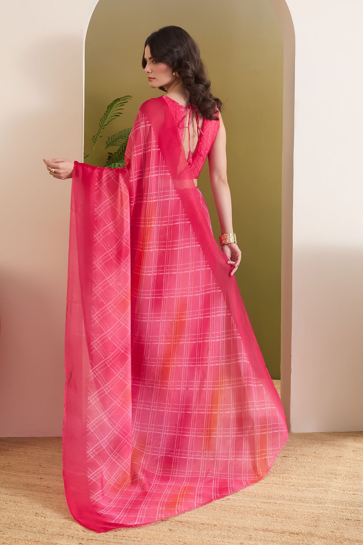 Pink Checked Satin Ready to Wear Saree