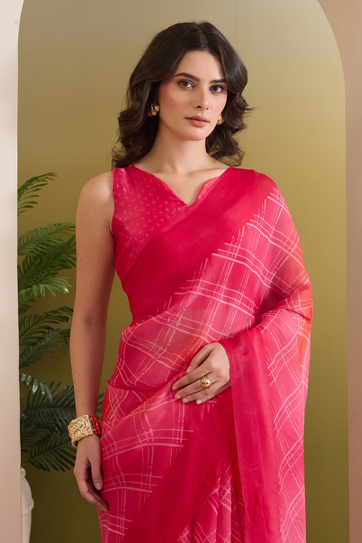 Pink Checked Satin Ready to Wear Saree