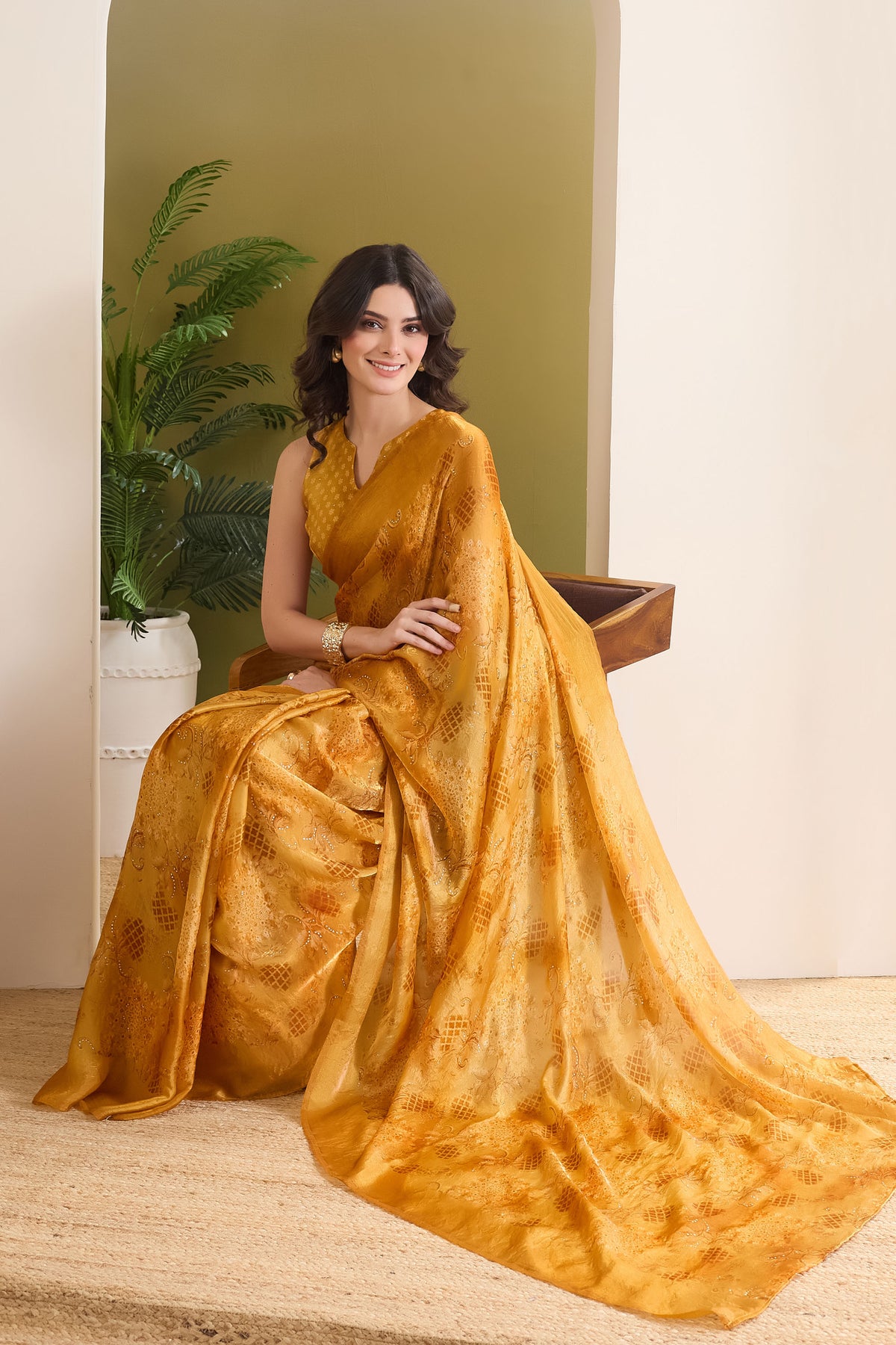 Yellow Ethnic Motifs Printed Satin Ready to Wear Saree