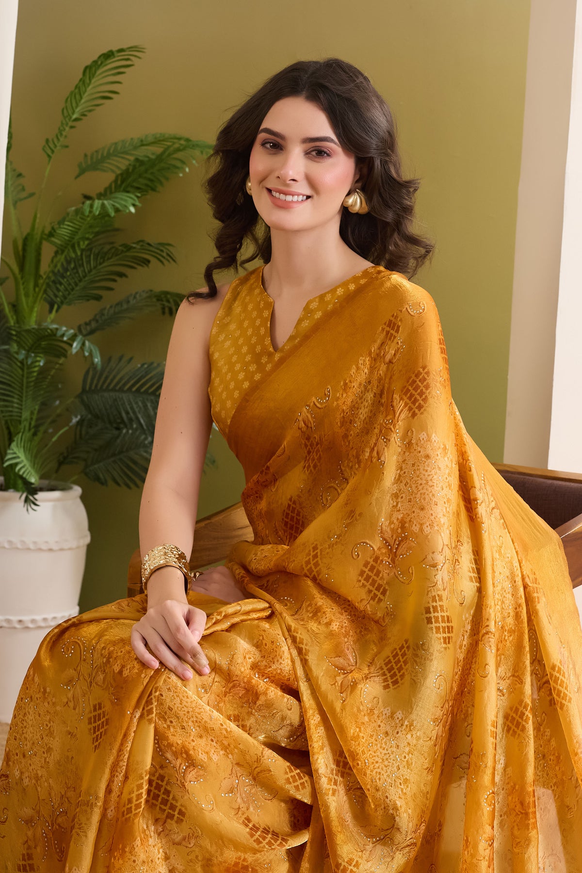 Yellow Ethnic Motifs Printed Satin Ready to Wear Saree