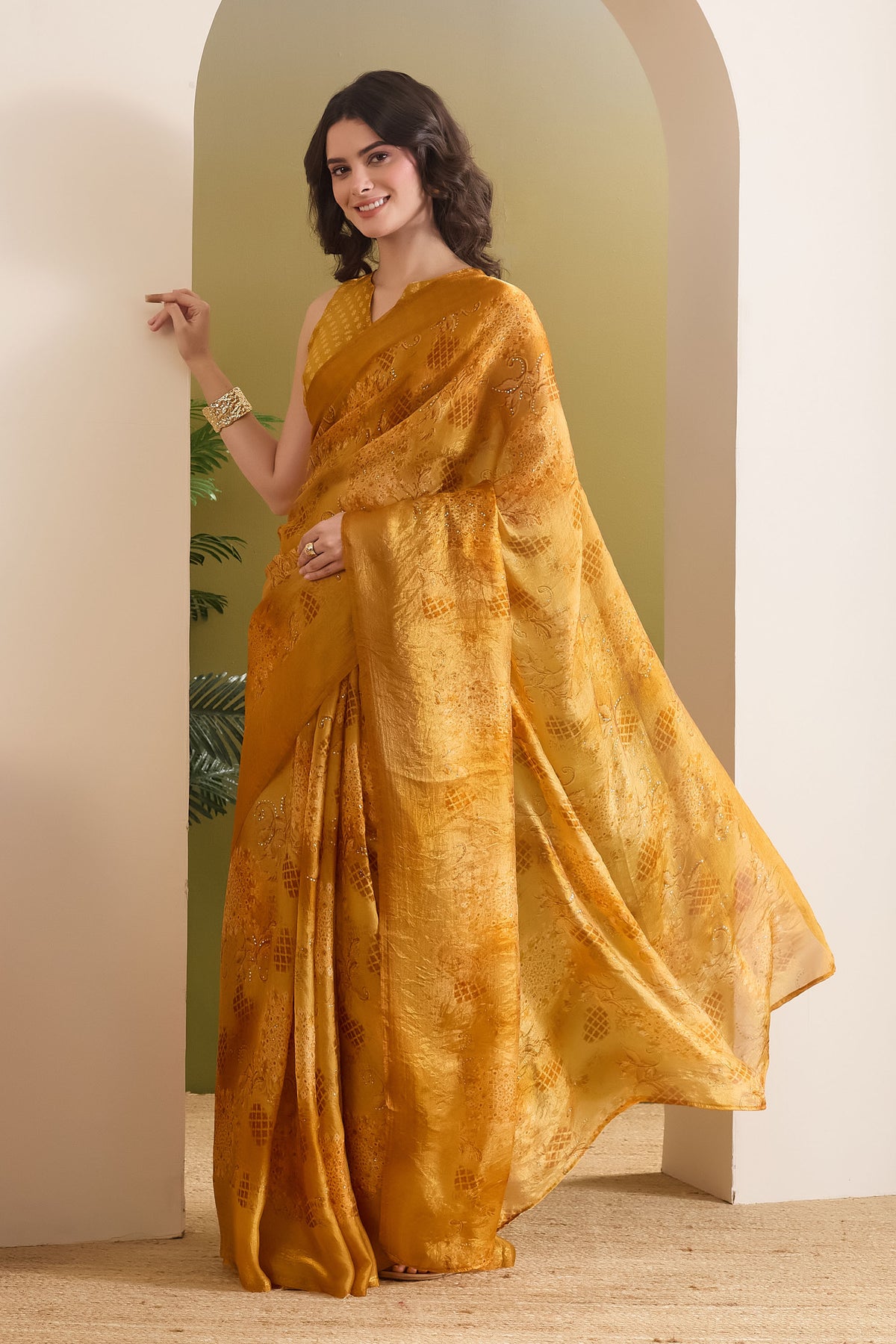 Yellow Ethnic Motifs Printed Satin Ready to Wear Saree