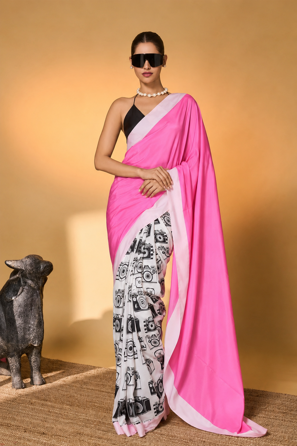 Pink Color Abstract Printed Satin Party Wear Saree