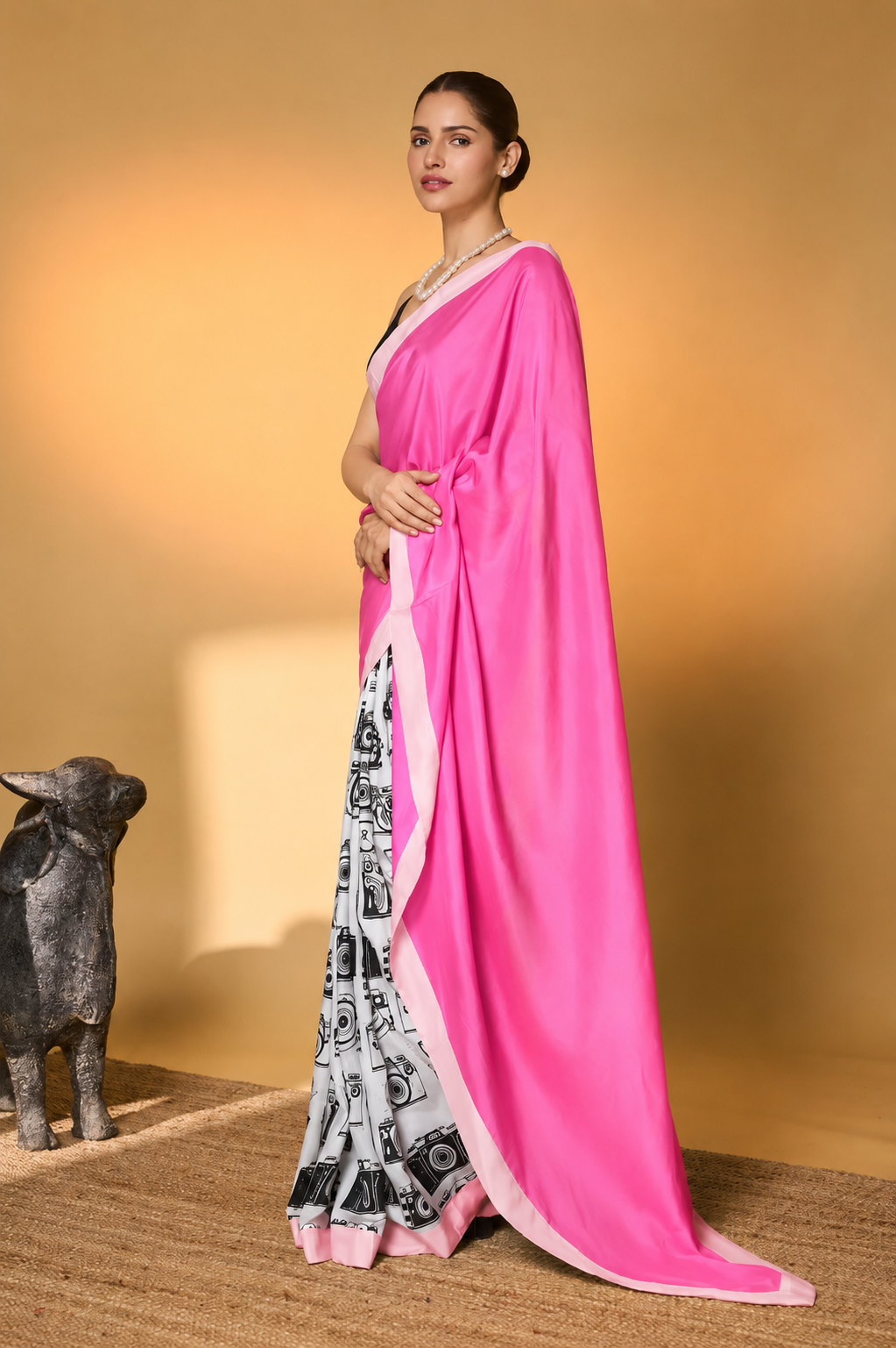 Pink Color Abstract Printed Satin Party Wear Saree