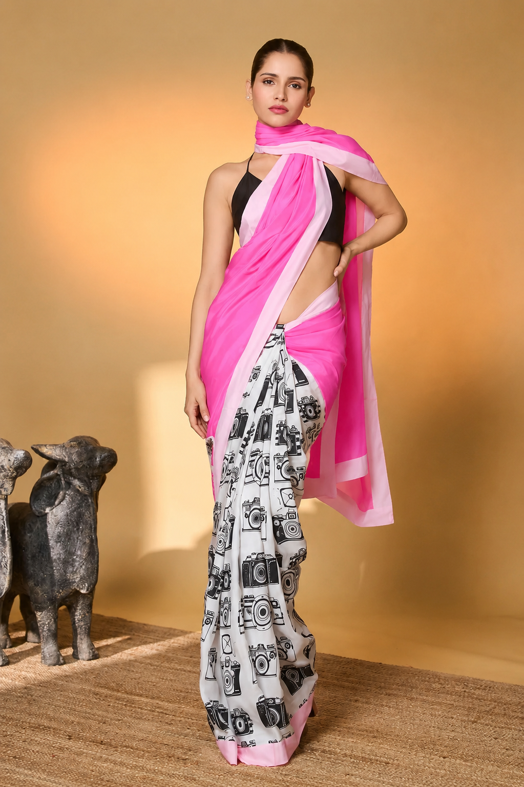 Pink Color Abstract Printed Satin Party Wear Saree