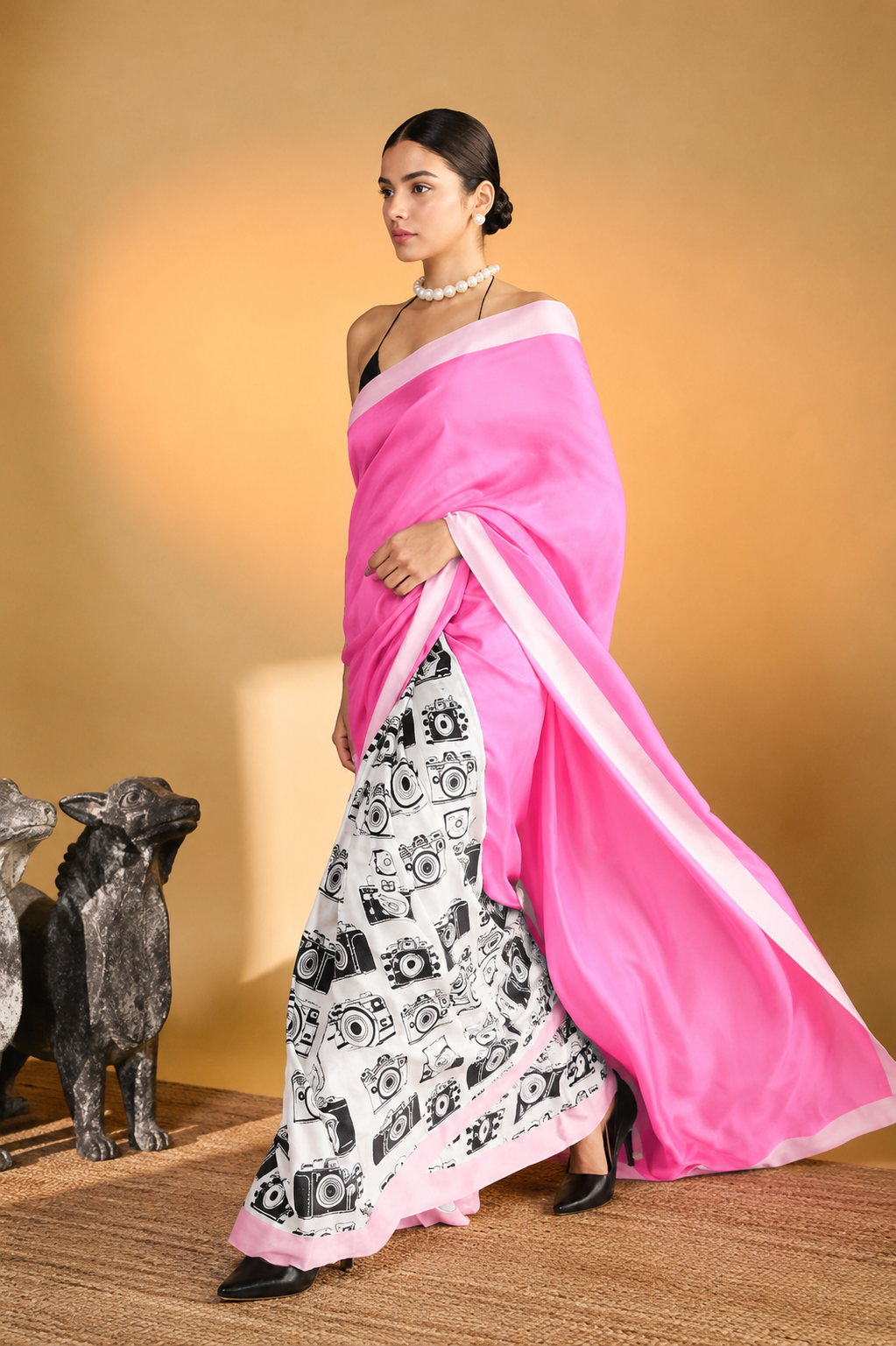 Pink Color Abstract Printed Satin Party Wear Saree