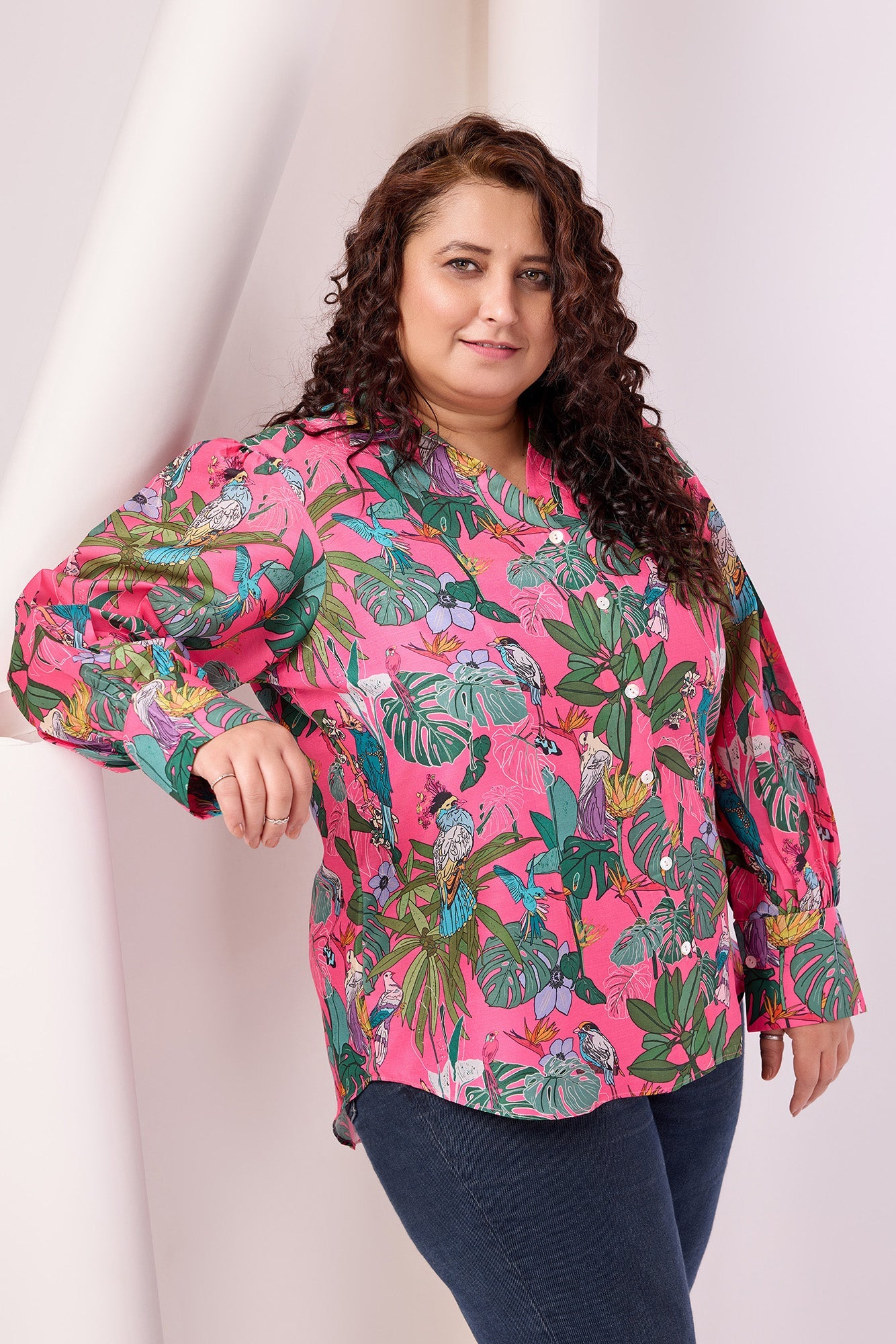 Cuff Sleeves Floral Print Crepe Shirt