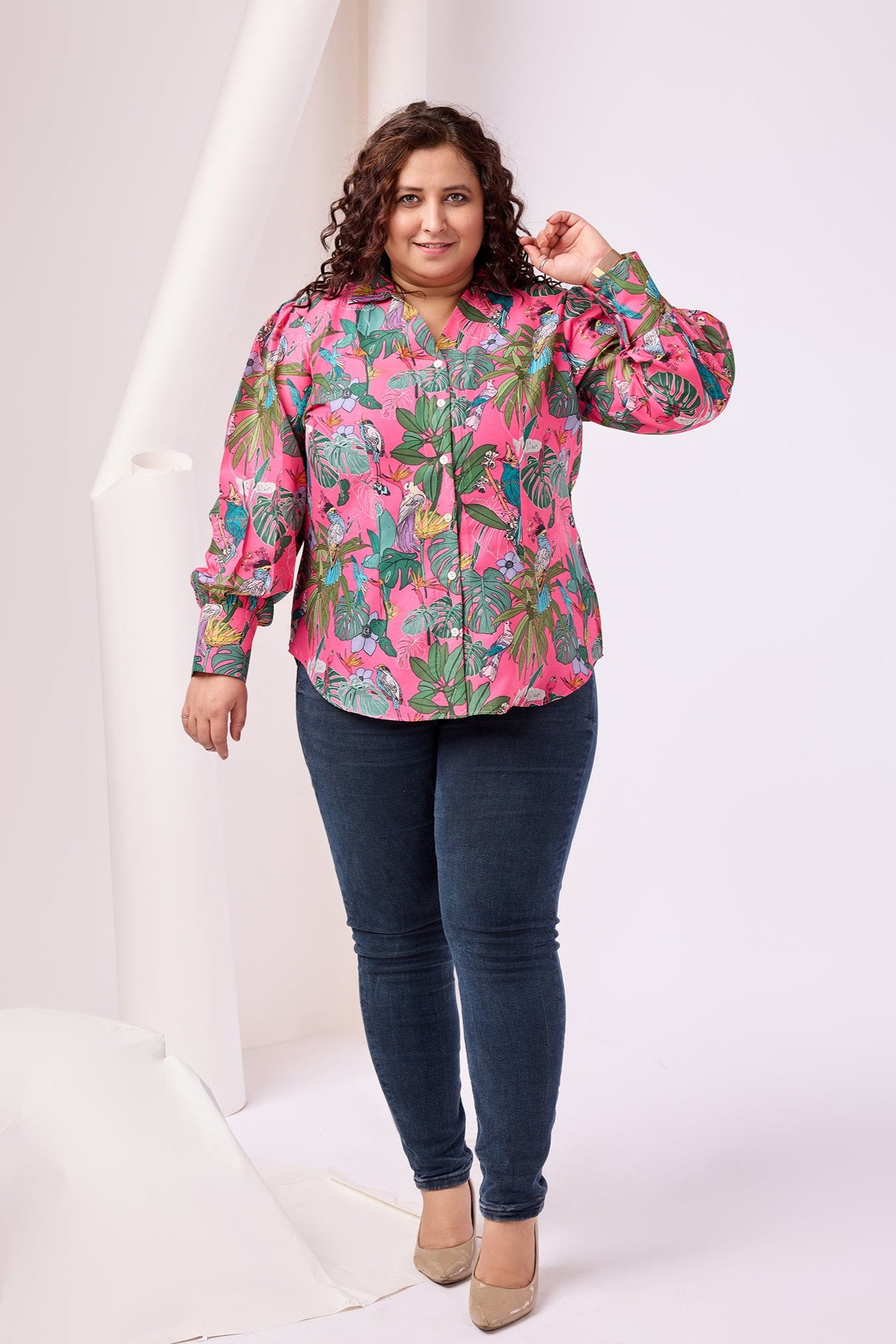 Cuff Sleeves Floral Print Crepe Shirt