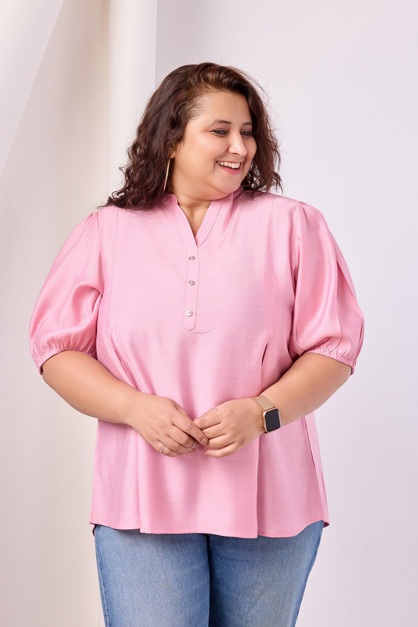 Cotton Blend Mandarin Collar Solid Top