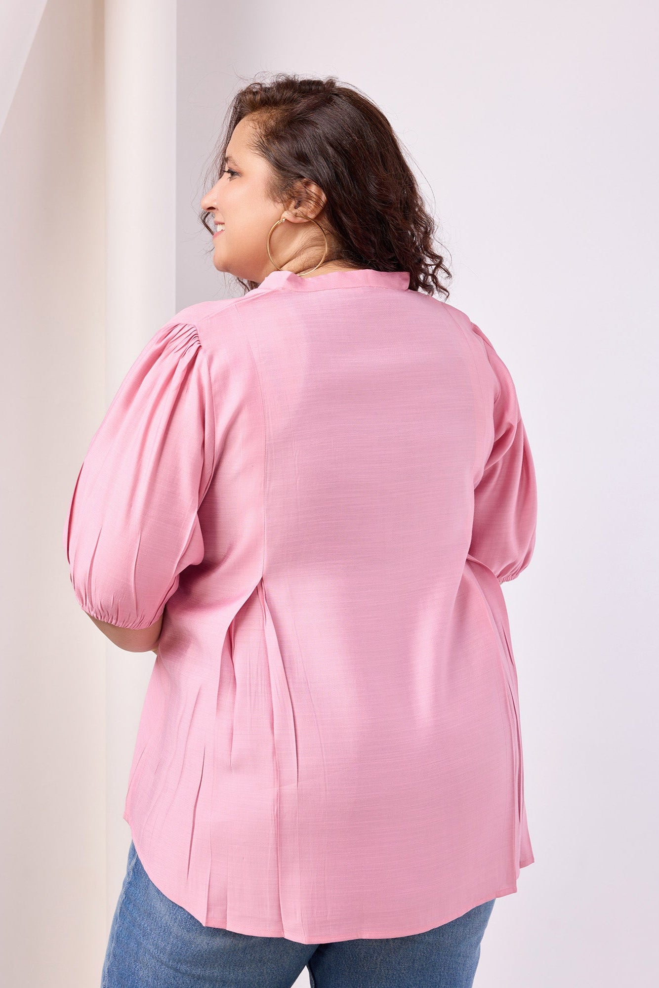 Cotton Blend Mandarin Collar Solid Top
