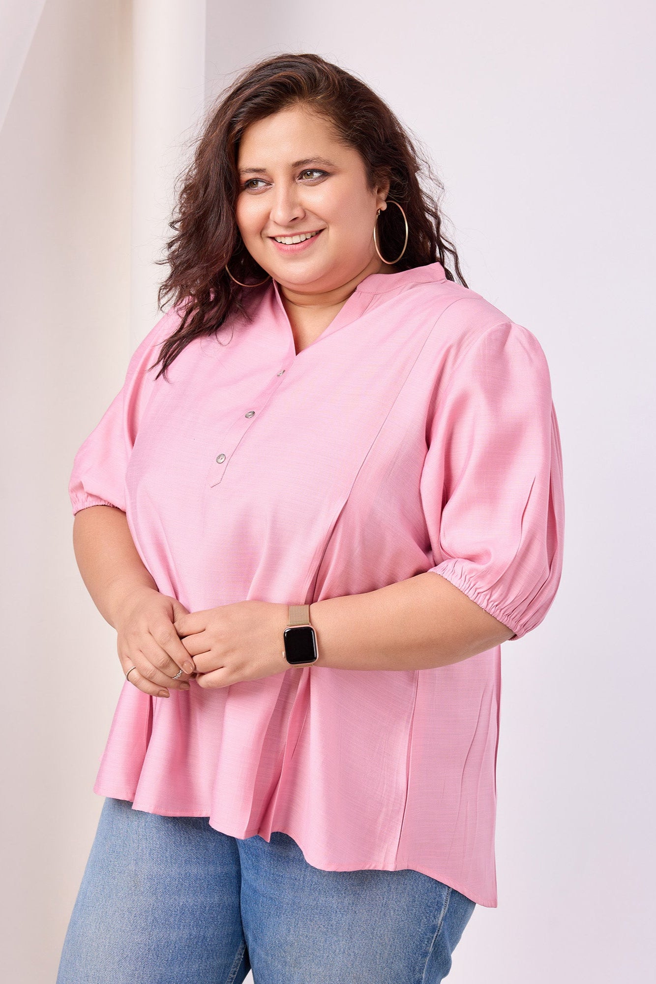Cotton Blend Mandarin Collar Solid Top