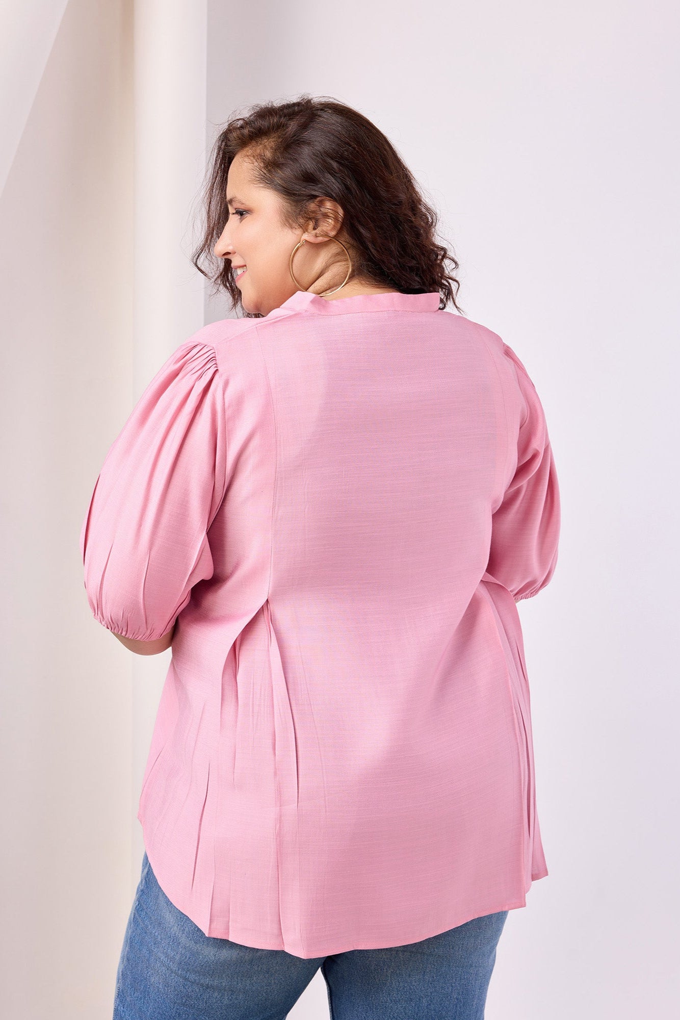 Cotton Blend Mandarin Collar Solid Top