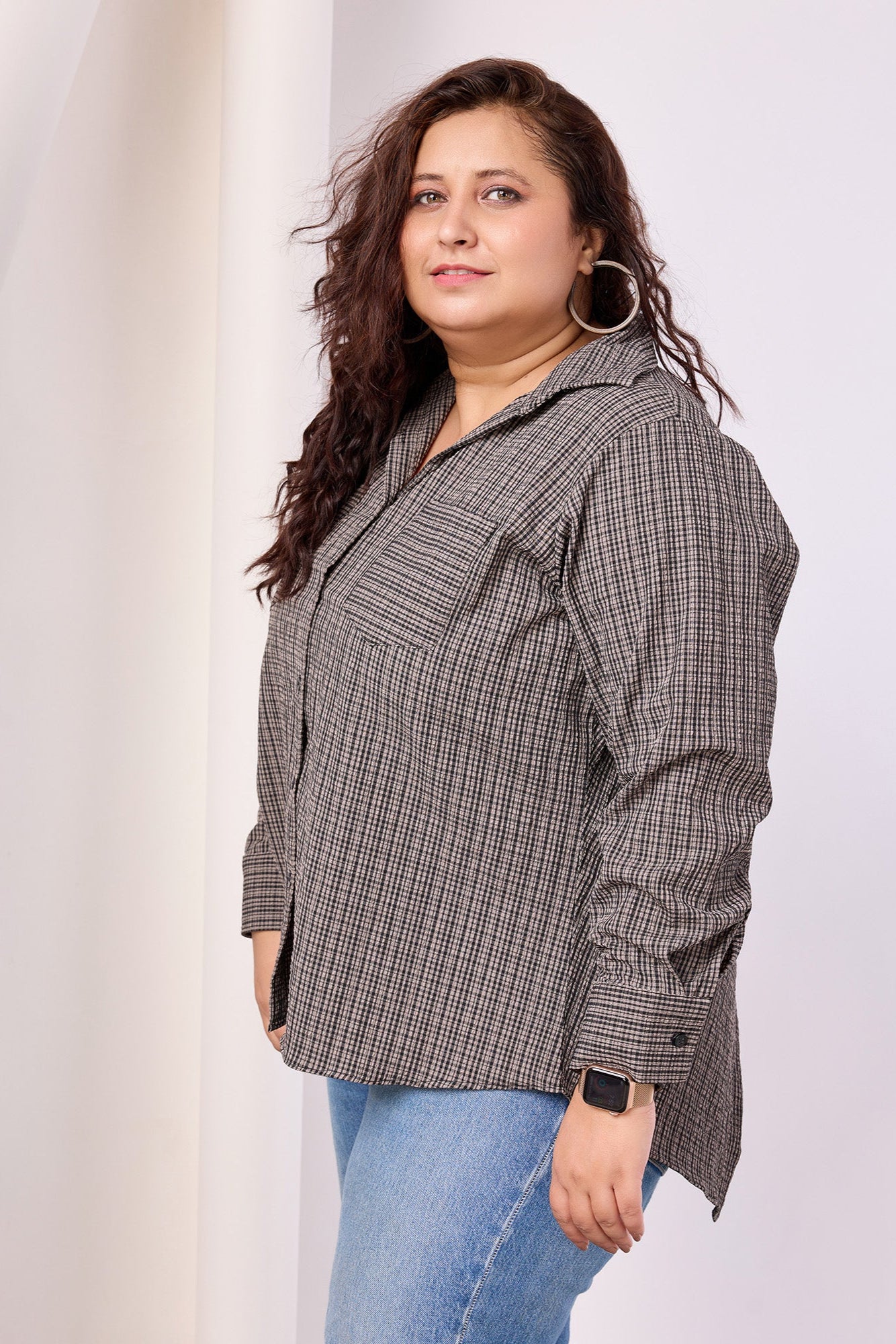 Grey Color Elastane Checkered Print Shirt
