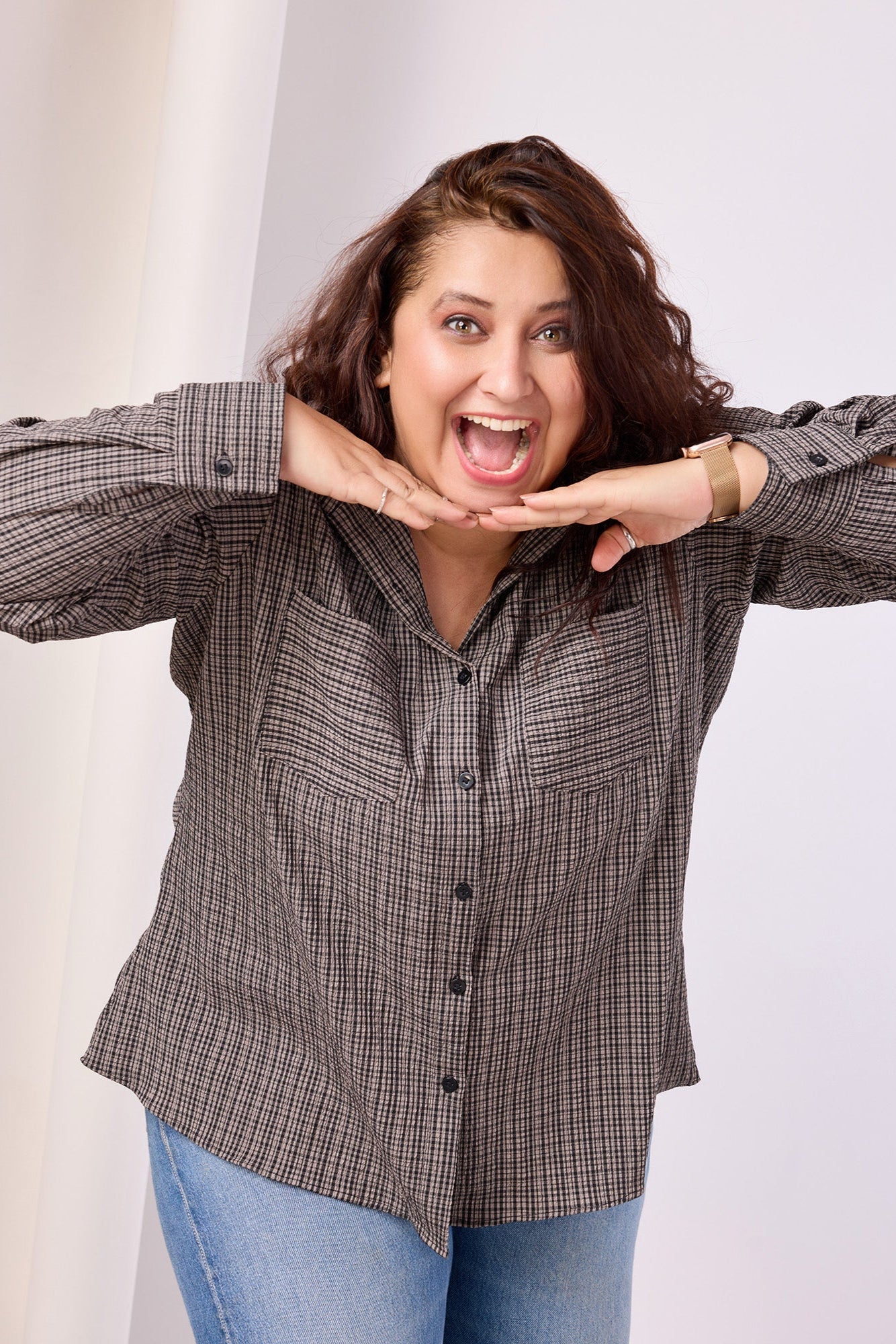 Grey Color Elastane Checkered Print Shirt
