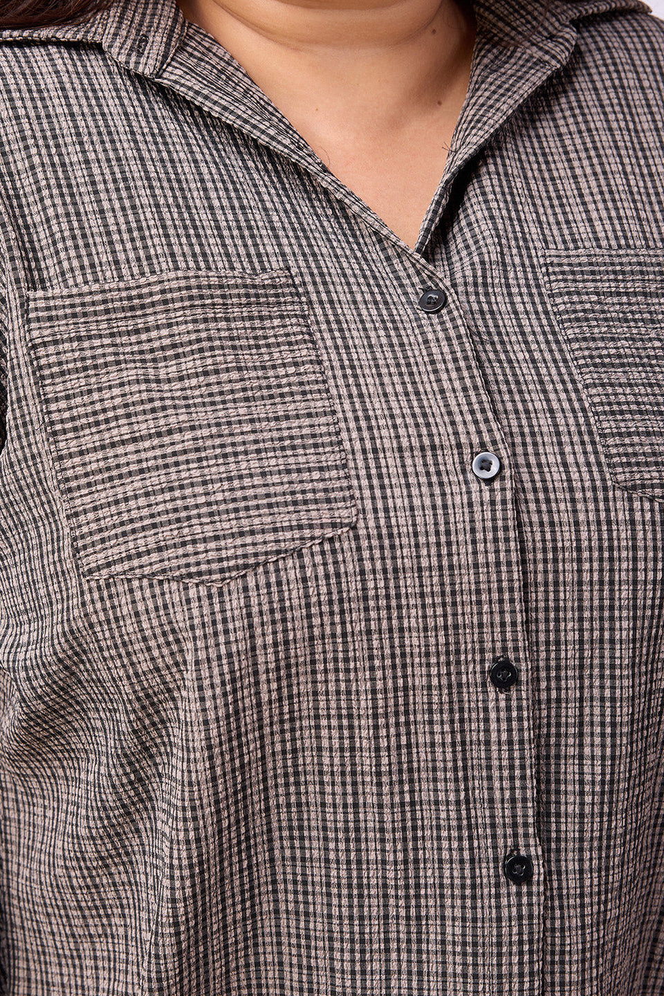 Grey Color Elastane Checkered Print Shirt