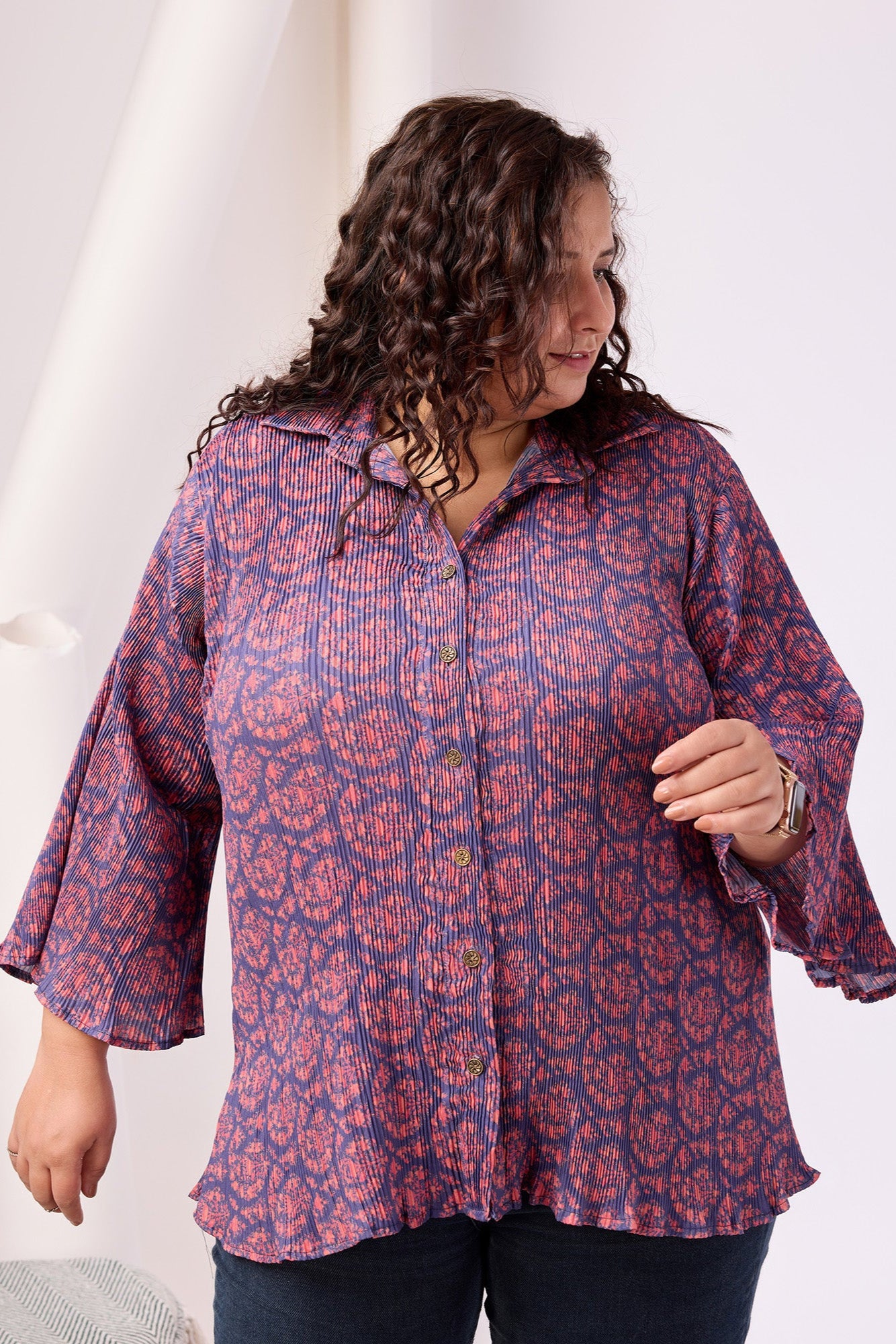 Ajrakh Printed Bell Sleeve Shirt with Spread Collar