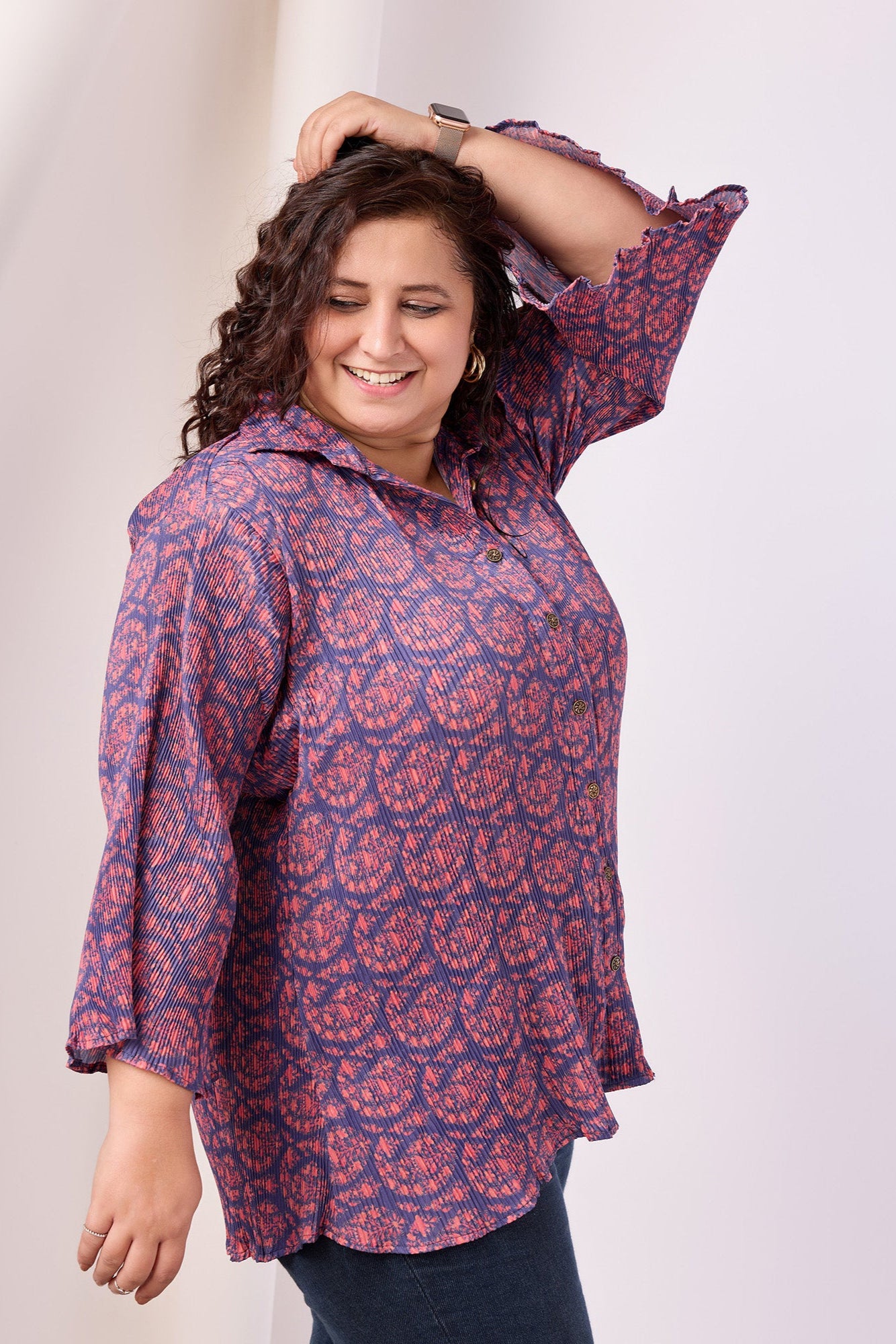 Ajrakh Printed Bell Sleeve Shirt with Spread Collar
