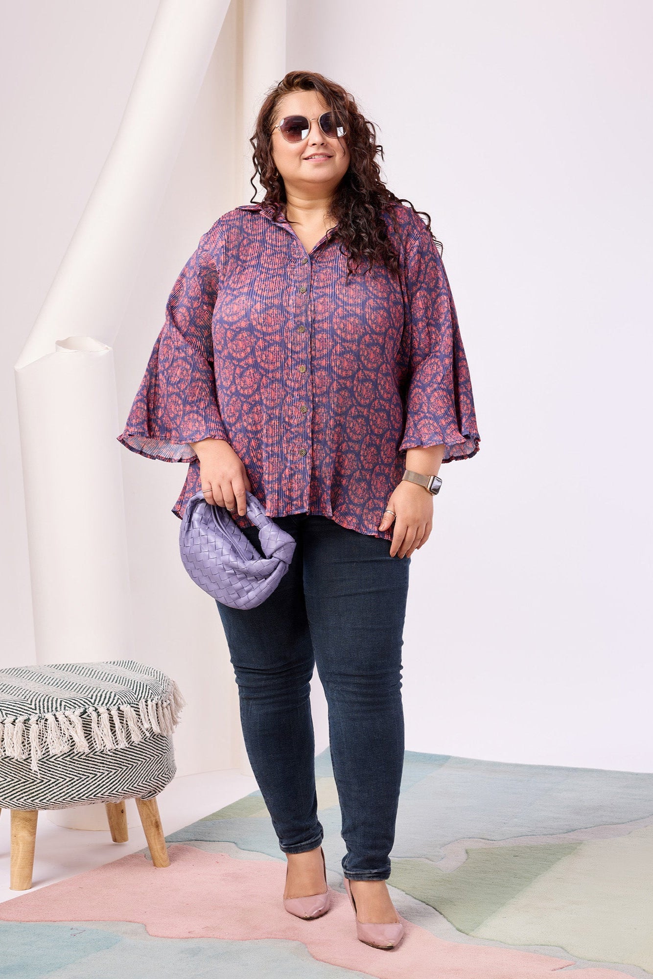 Ajrakh Printed Bell Sleeve Shirt with Spread Collar