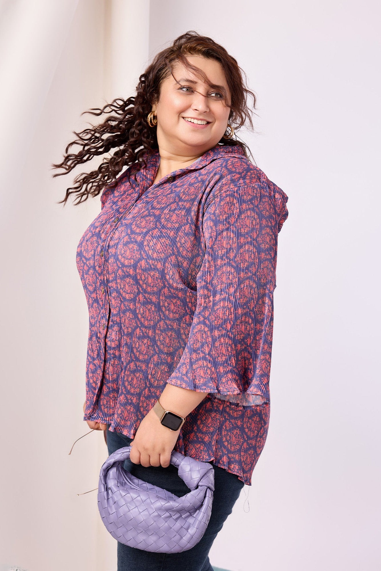 Ajrakh Printed Bell Sleeve Shirt with Spread Collar