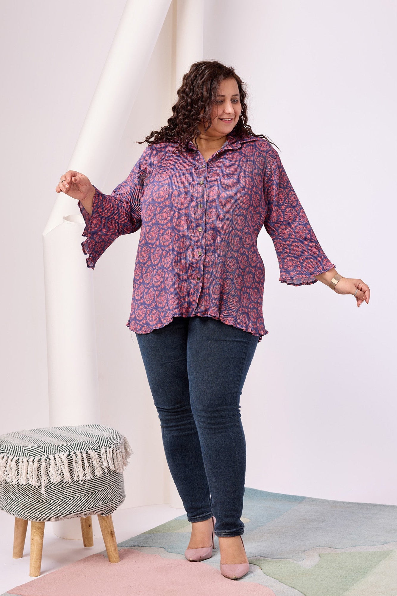 Ajrakh Printed Bell Sleeve Shirt with Spread Collar