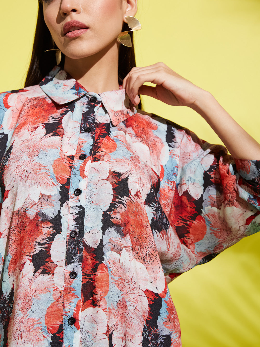 Spread Collar Floral Printed Rayon Shirt