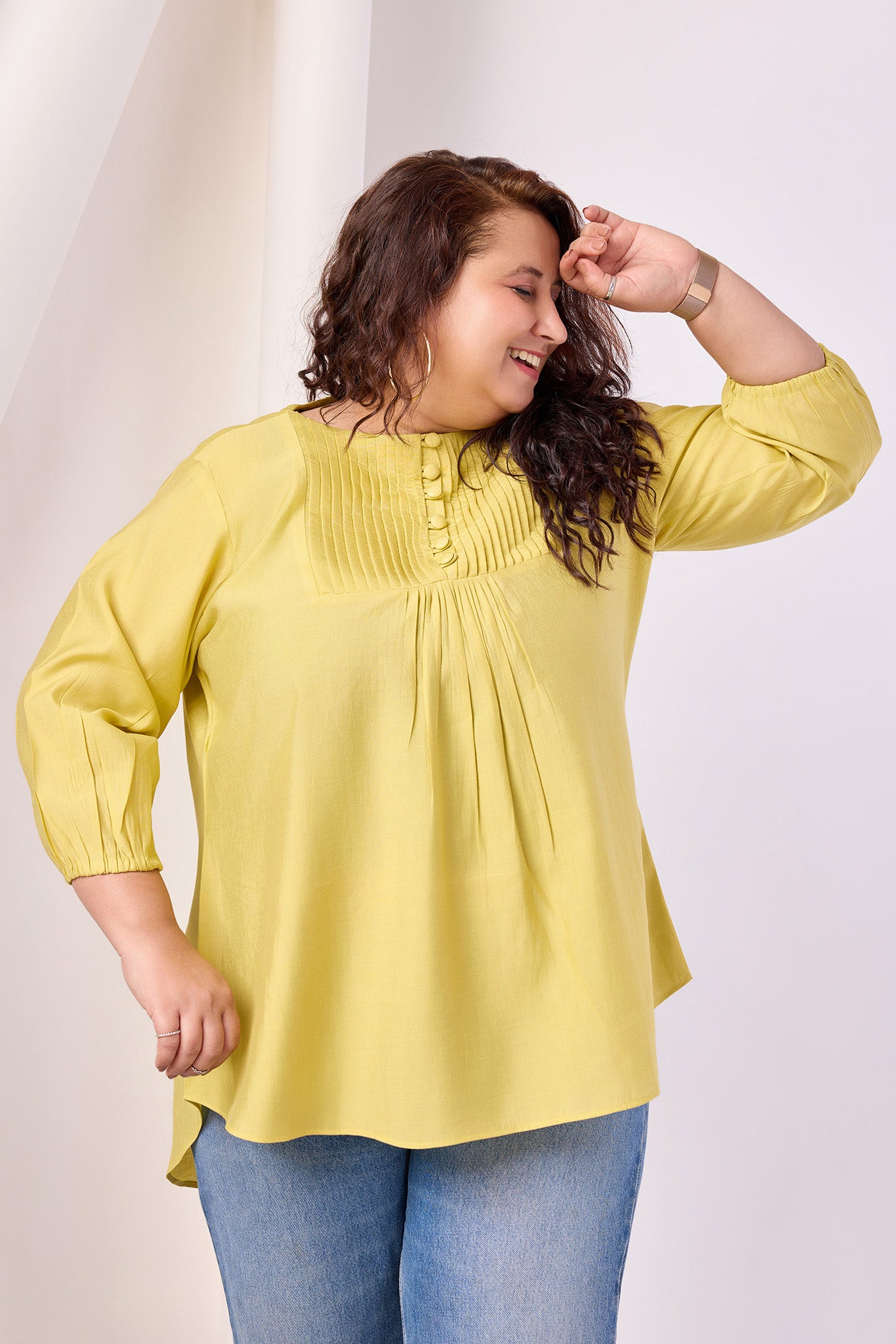Poly Silk Round Neck Solid Yellow Top