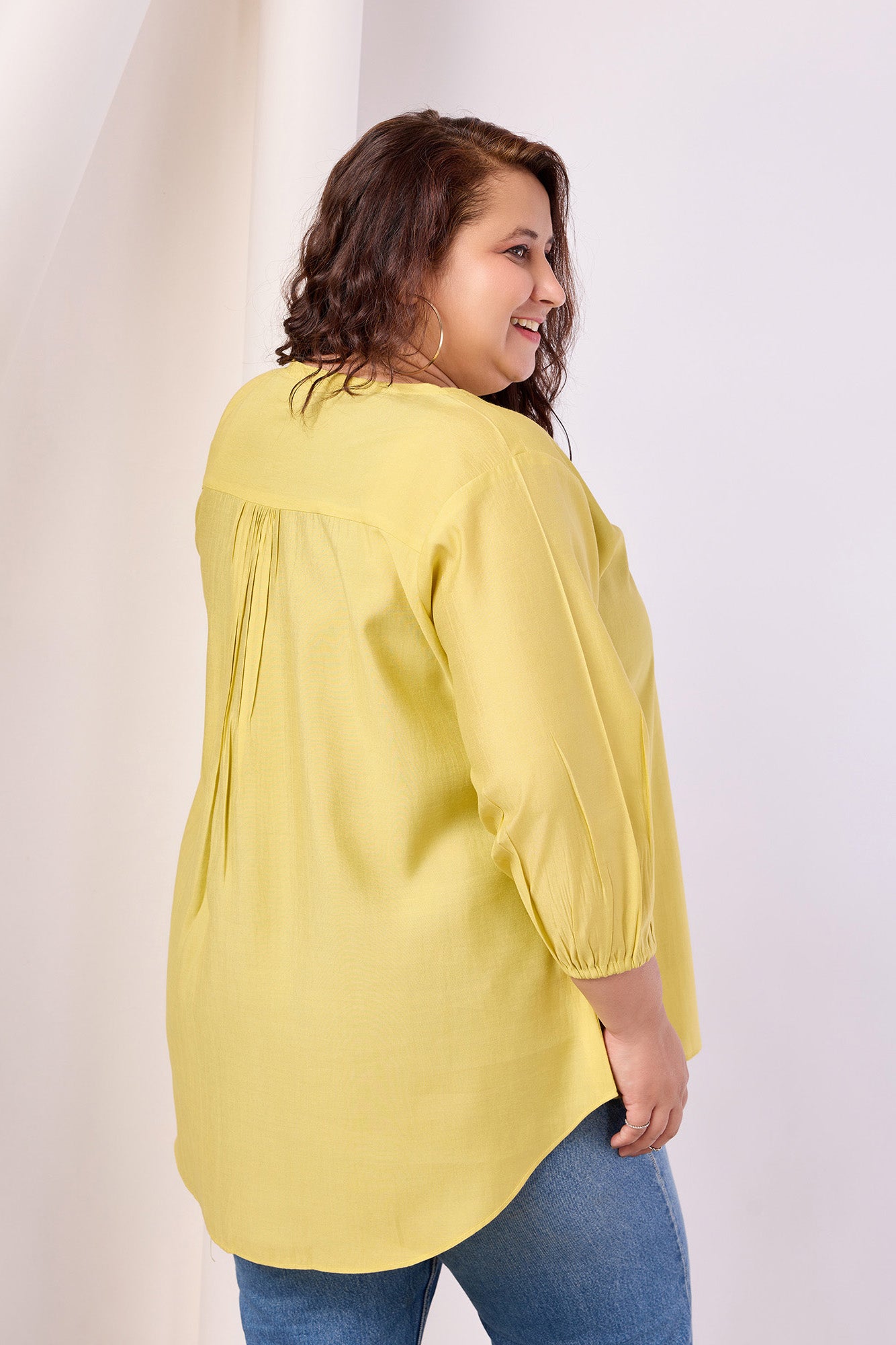 Poly Silk Round Neck Solid Yellow Top