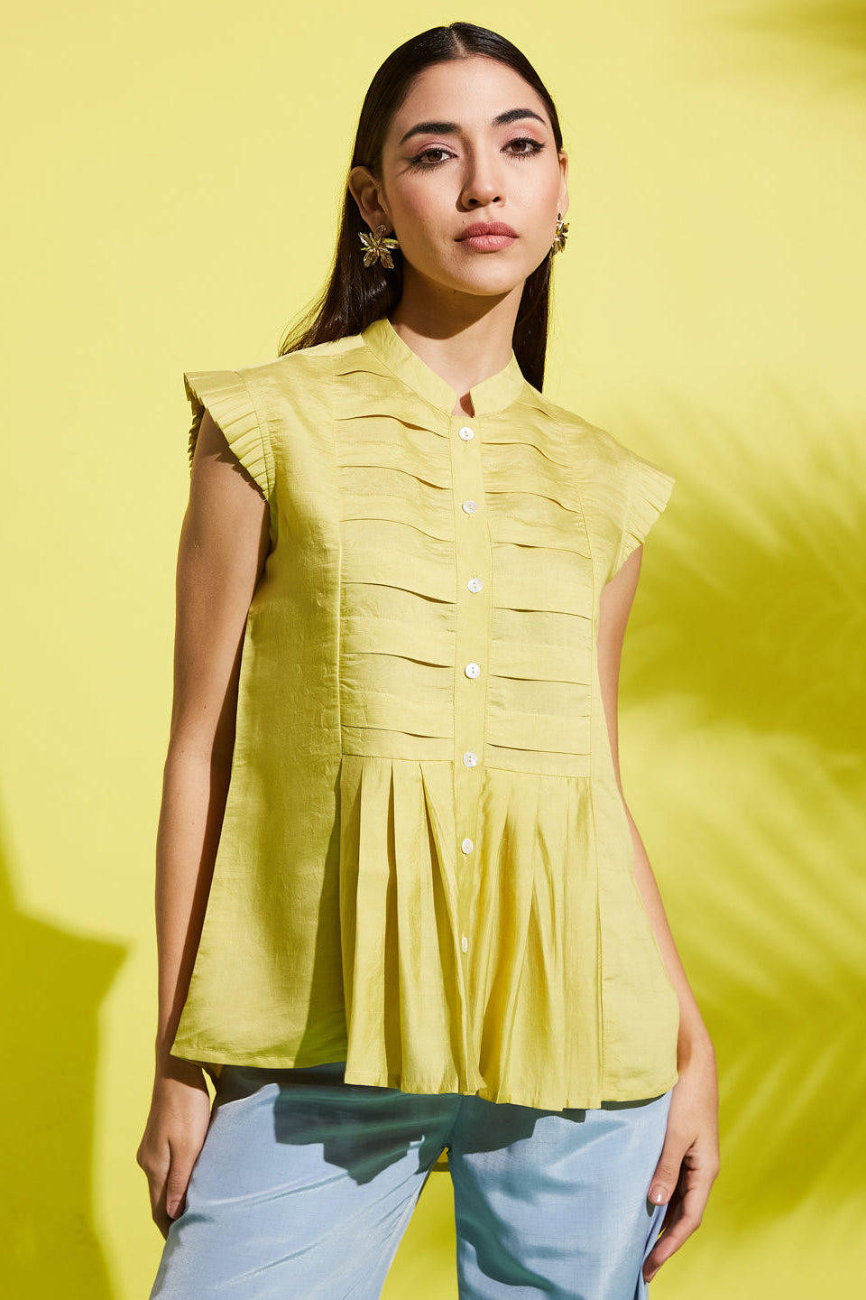 Pleated Yoke Mandarin Collar Solid Top
