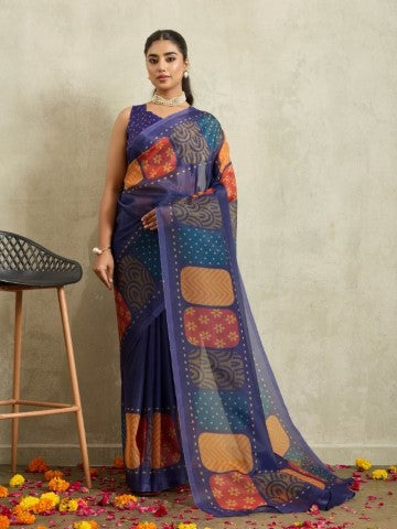 Navy Blue Floral Printed Tissue Saree with Printed Border