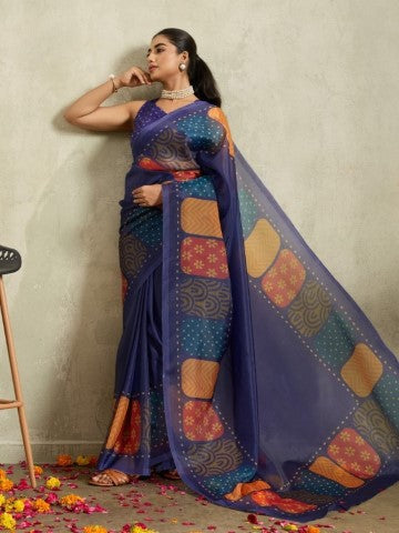 Navy Blue Floral Printed Tissue Saree with Printed Border