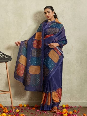 Navy Blue Floral Printed Tissue Saree with Printed Border
