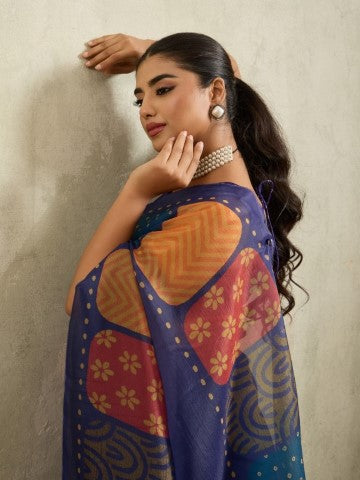 Navy Blue Floral Printed Tissue Saree with Printed Border