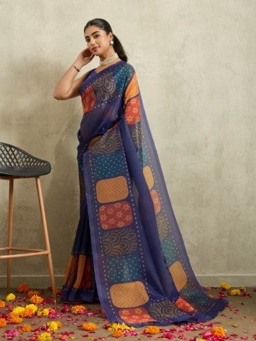 Navy Blue Bandhani Printed Tissue Ready to Wear Saree