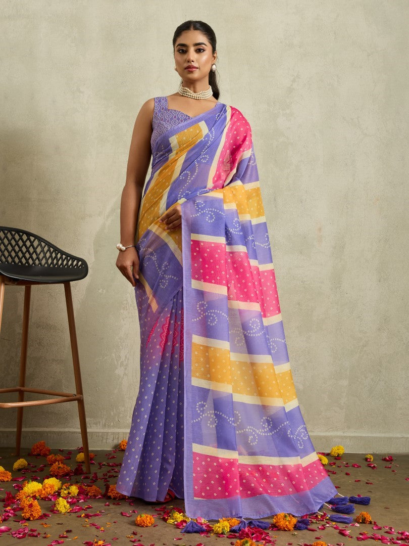 Purple Bandhani Printed Cotton Blend Deisgner Saree