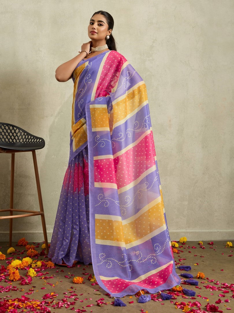 Purple Bandhani Printed Cotton Blend Deisgner Saree