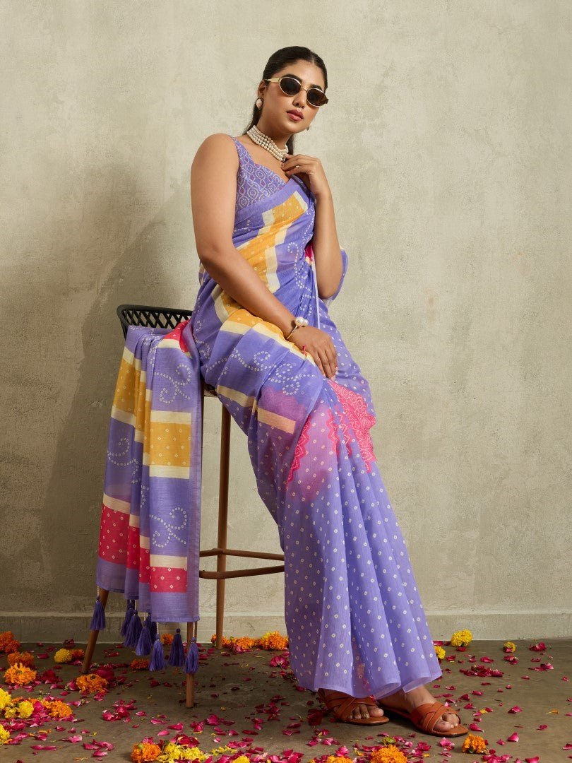 Purple Bandhani Printed Cotton Blend Deisgner Saree