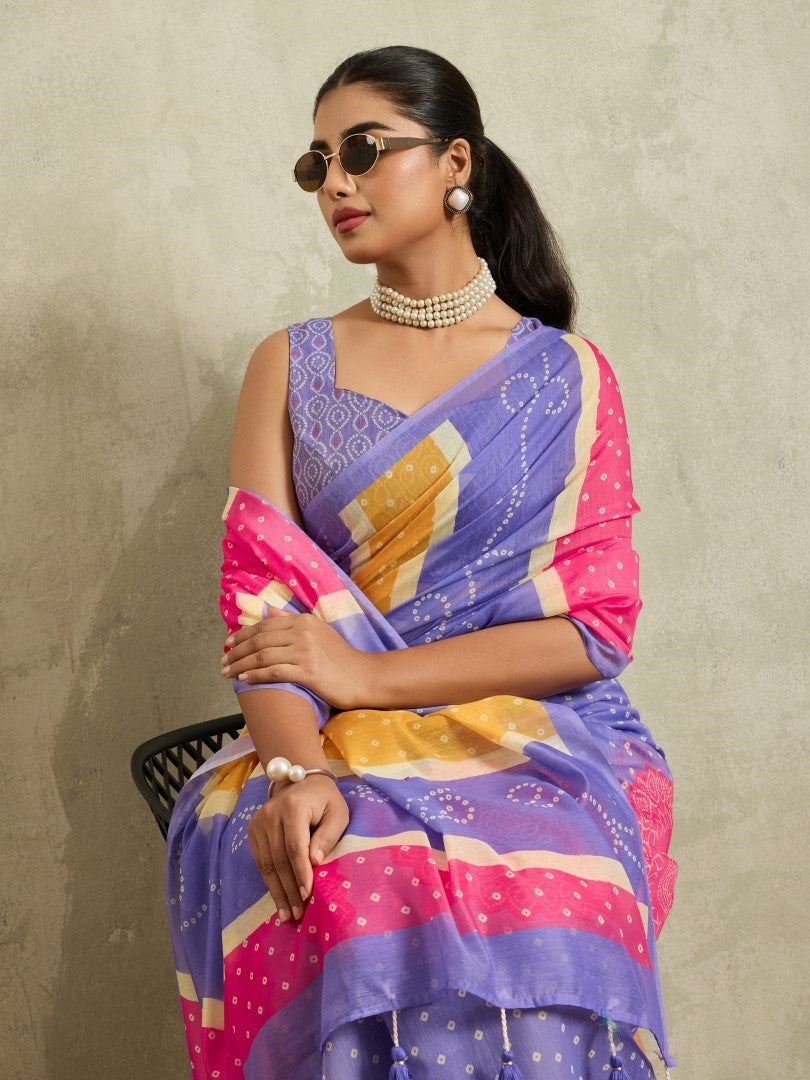 Purple Bandhani Printed Cotton Blend Deisgner Saree